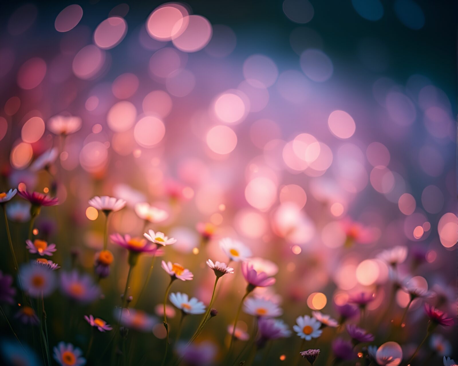 Ethereal meadow with glowing flowers floating in dark sky
