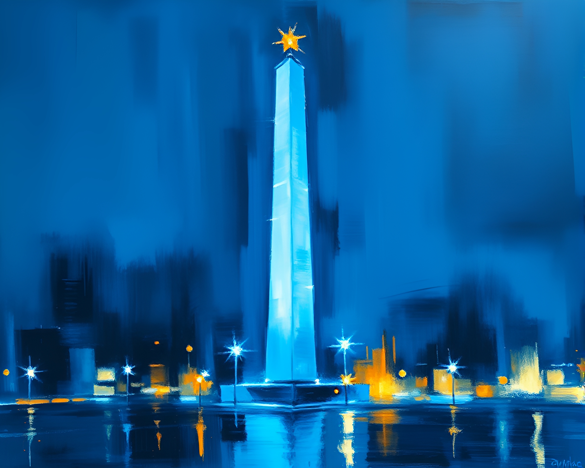 Steel-Blue Obelisk Double Exposure Impressionist Painting – free AI stock image