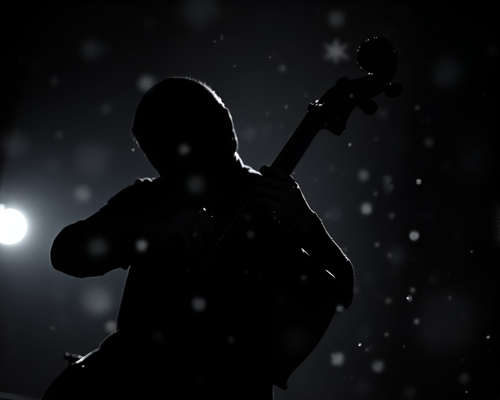 Backlit cello player surrounded by intricate snowflakes in shadows