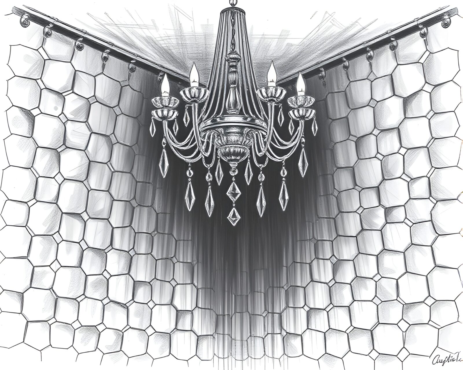 Gloomy, intricate crystal chandelier in hexagonal pencil sketch.