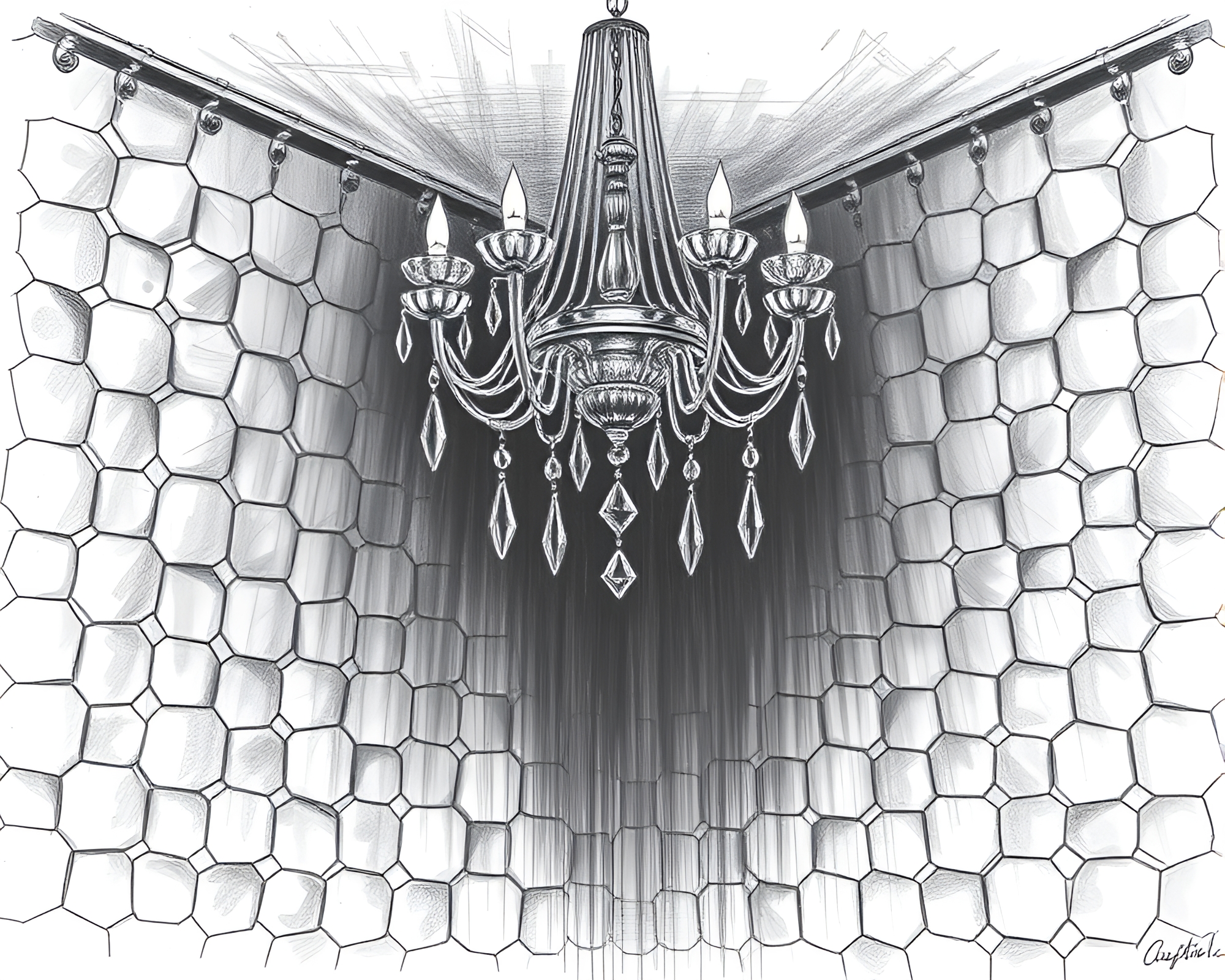 Desaturated Hexagonal Tiling Crystal Chandelier Pencil Sketch – free AI stock image