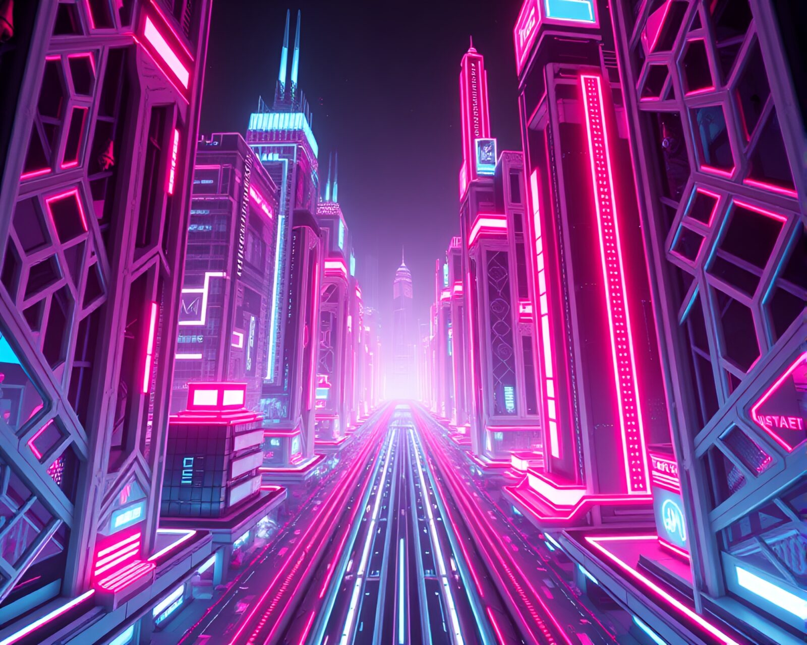 Futuristic cityscape with glowing geometric patterns in 3D