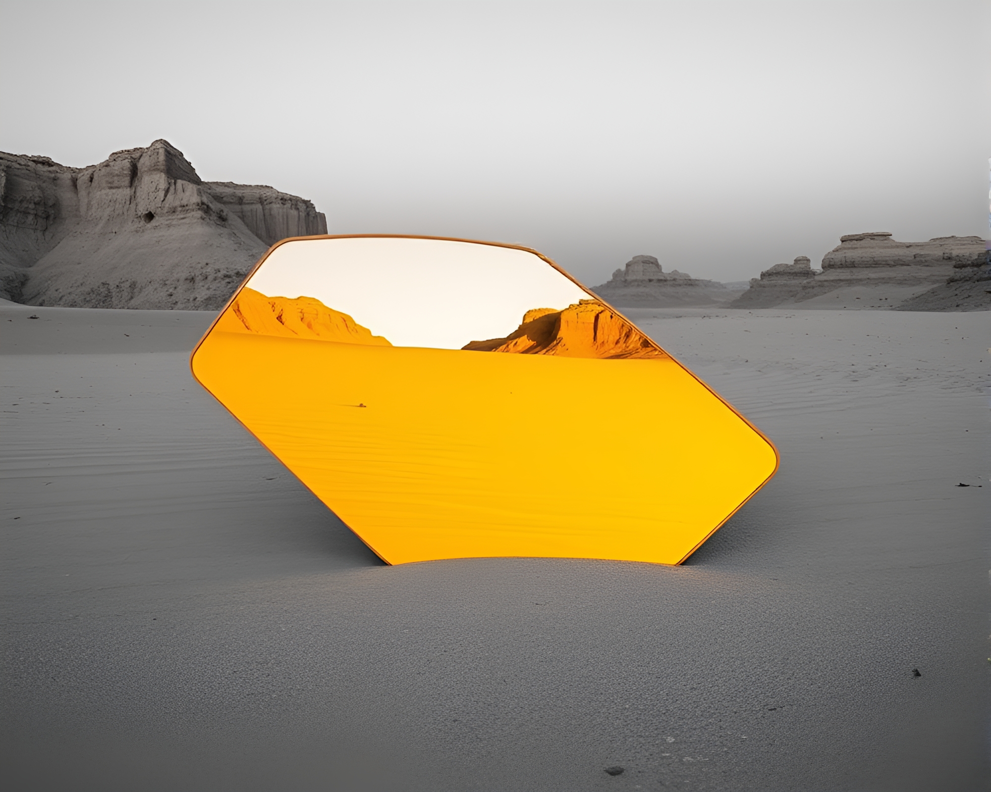 Desert Mirage: Reflective Shard Amidst Yellow Sands – free AI stock image