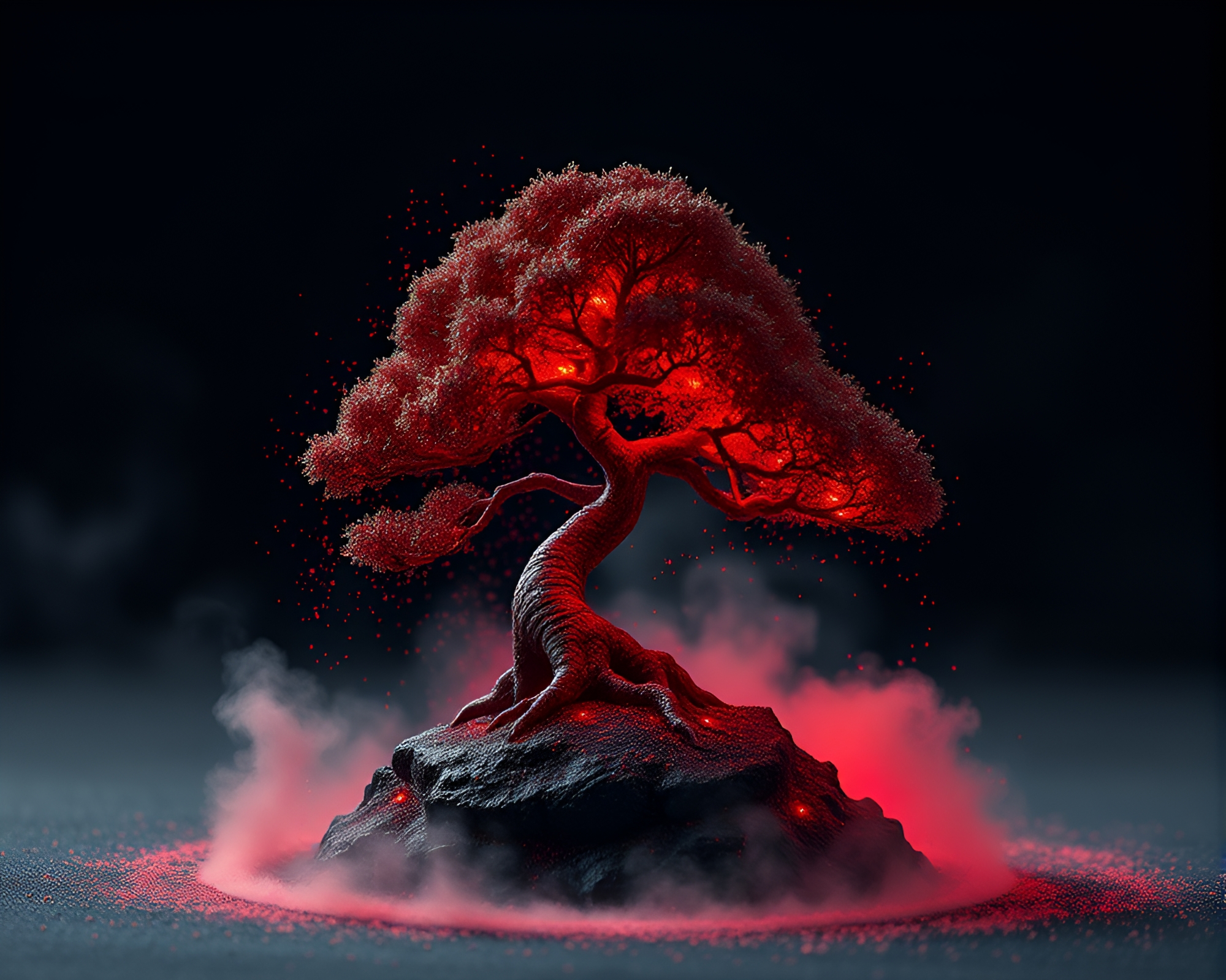 Bonsai Tree in Volcano Glow with Hair Simulation – free AI stock image