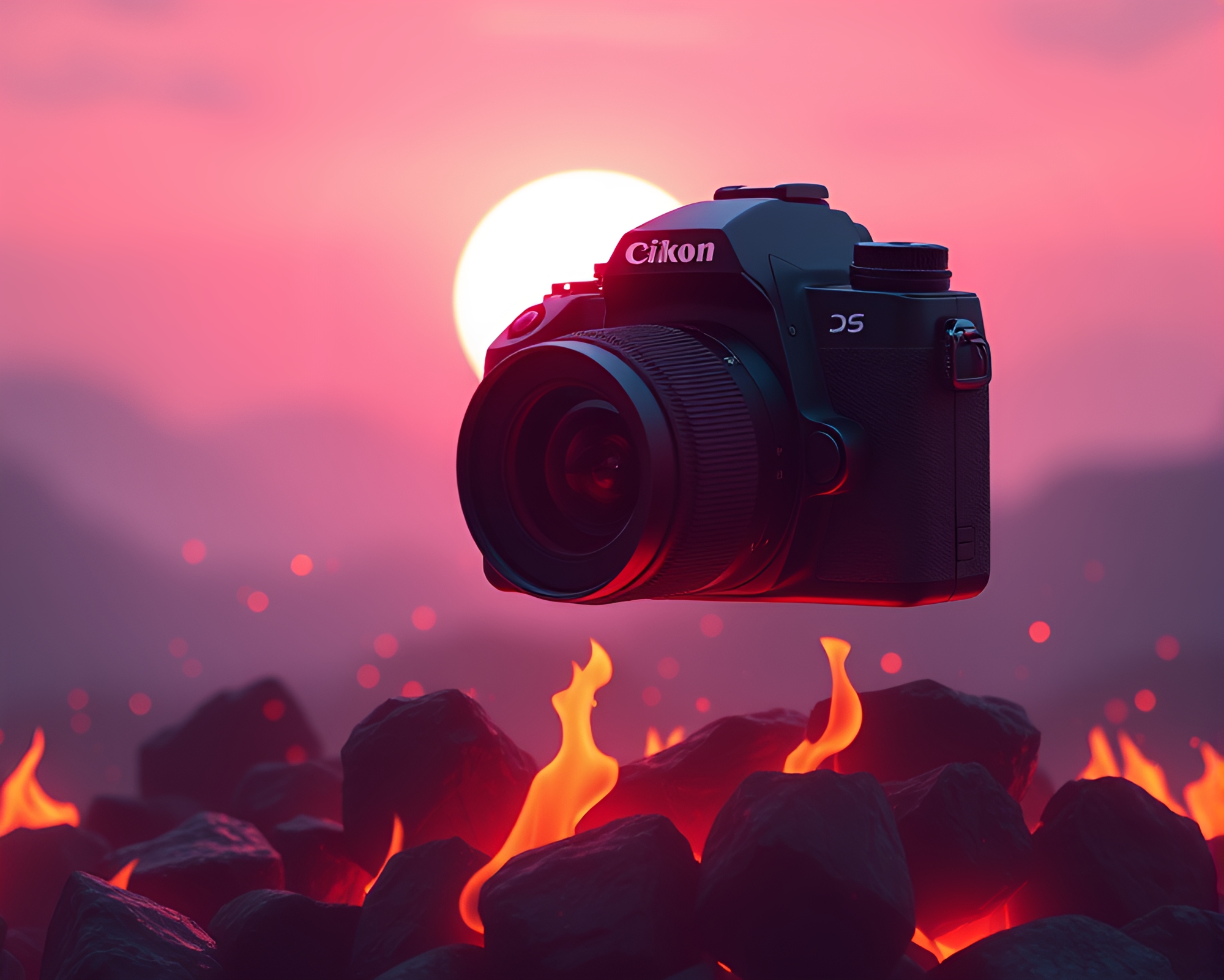Camera Lens Captures Sunrise Embers in Vector Art – free AI stock image