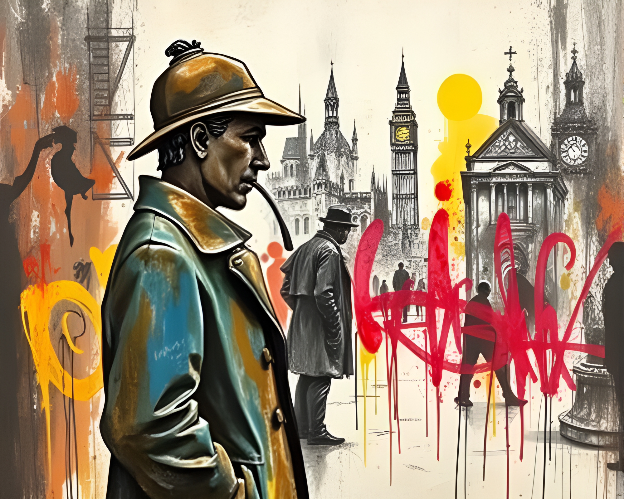 Sherlock Holmes Silhouette in Graffiti Conté Crayon – free AI stock image