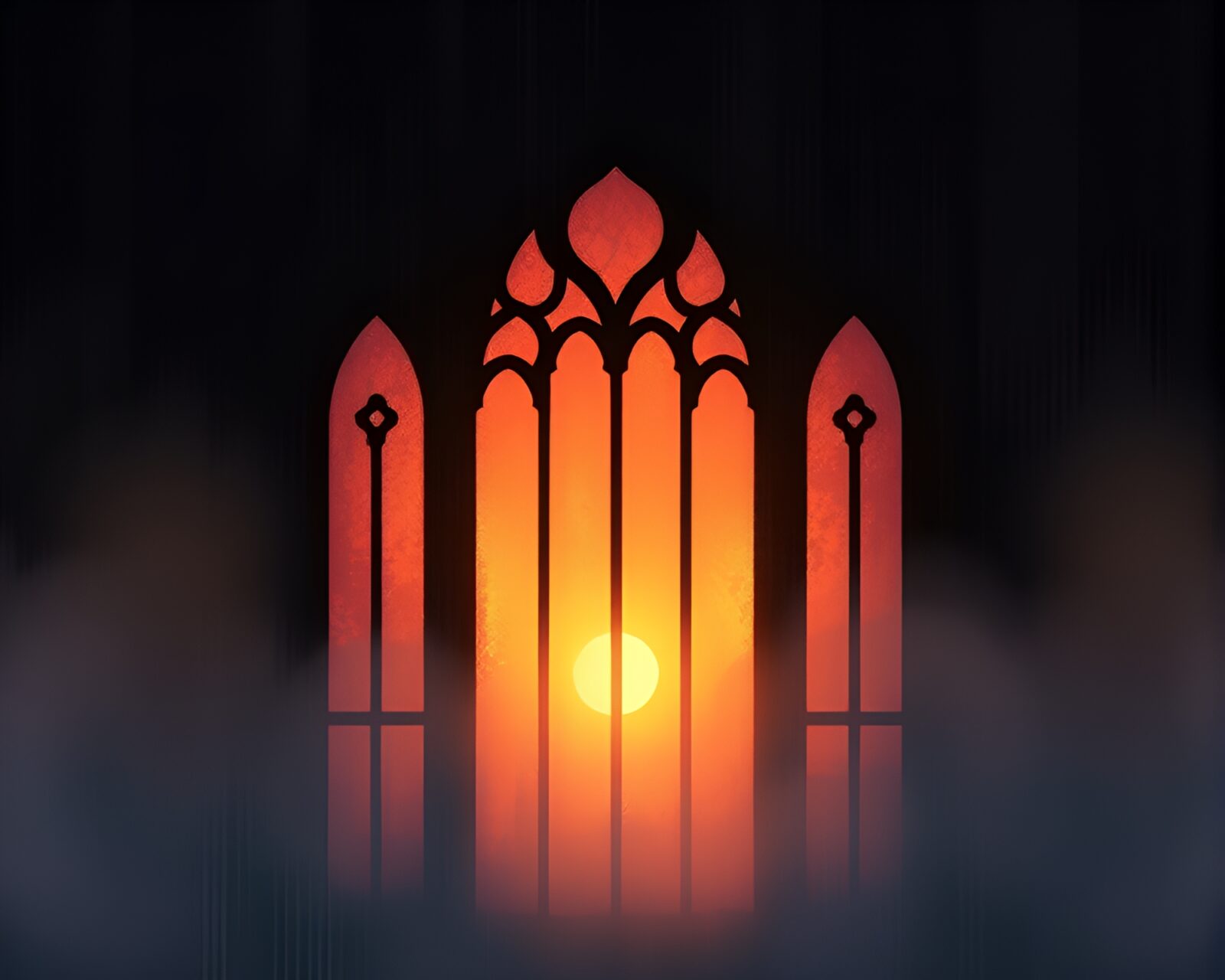 Abstract glitched stained-glass window in misty dawn light