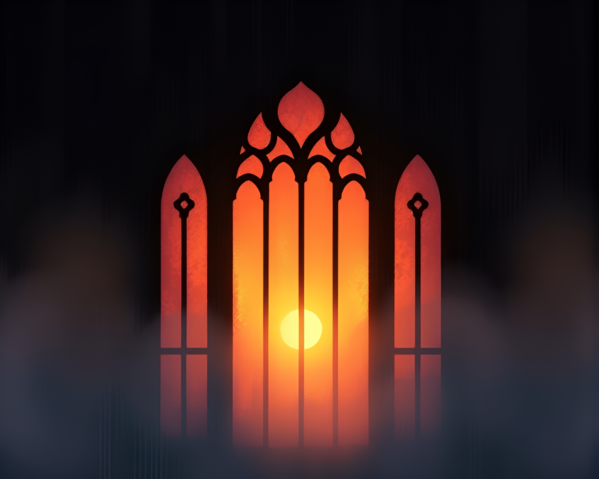 Glitch Art Stained-Glass Window at Dawn Mist – free AI stock image