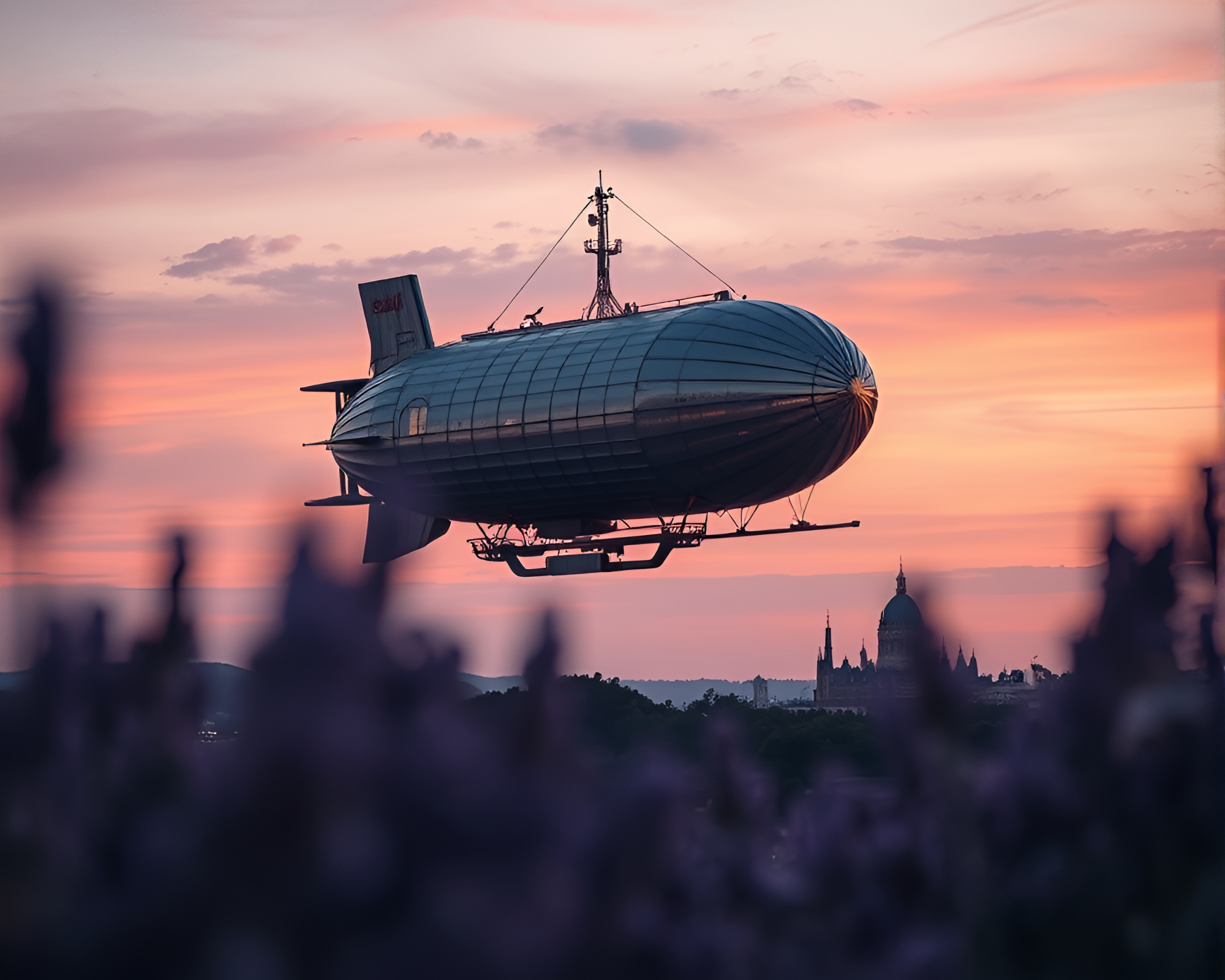 Steampunk Airship Silhouetted in Lavender Twilight – free AI stock image