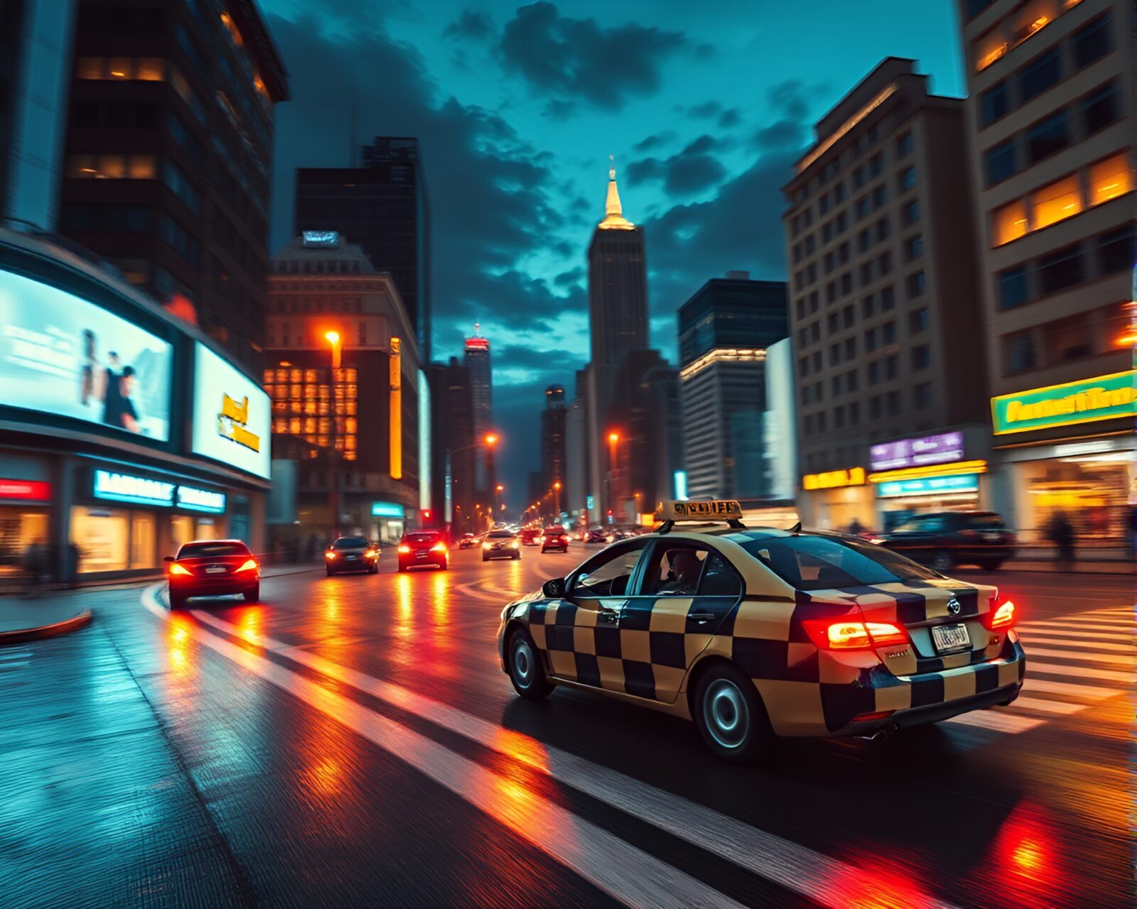 Checkered patterned flying car against city lights at night