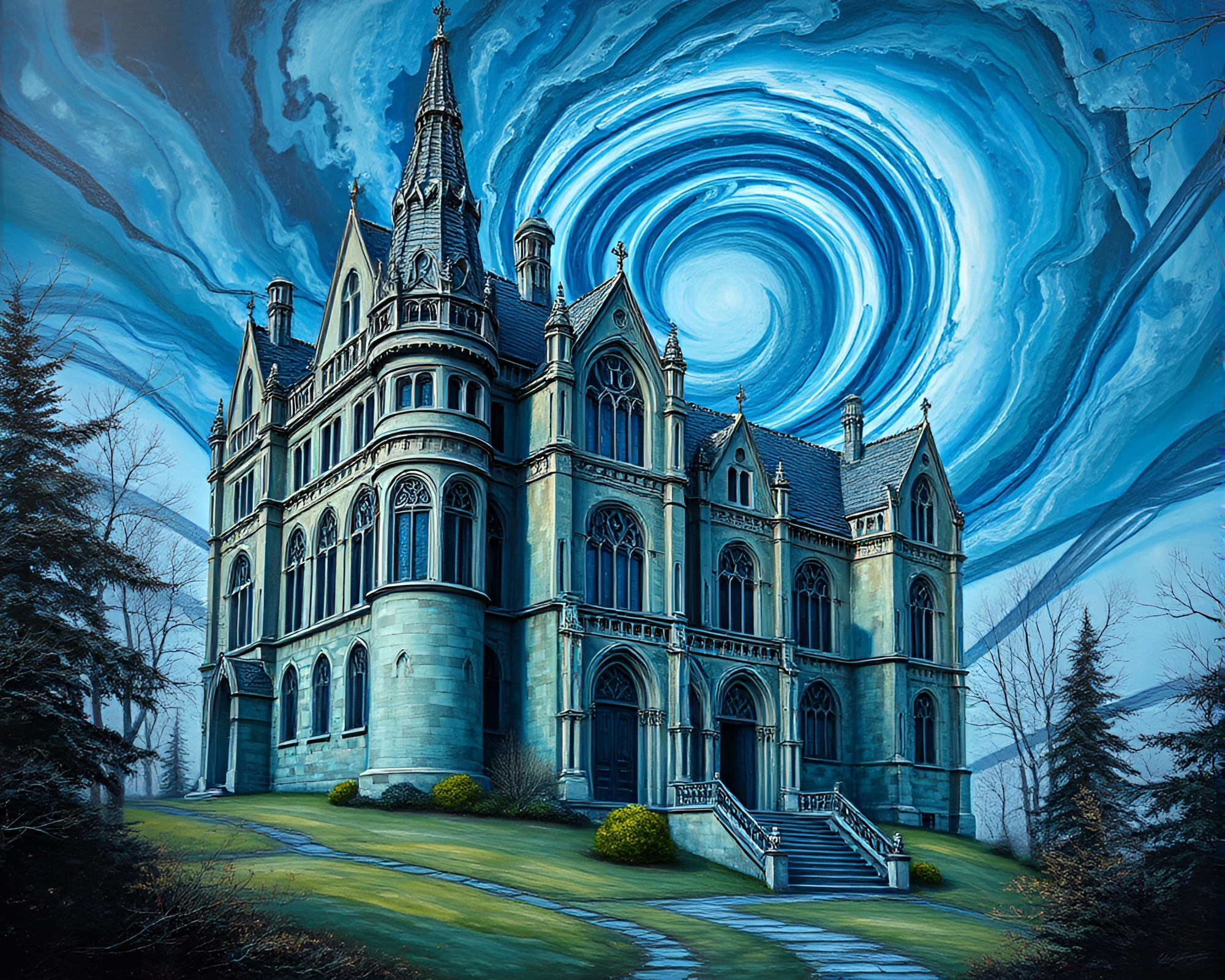 Neo-Gothic Mansion Vortex Twist Tempra Painting – free AI stock image
