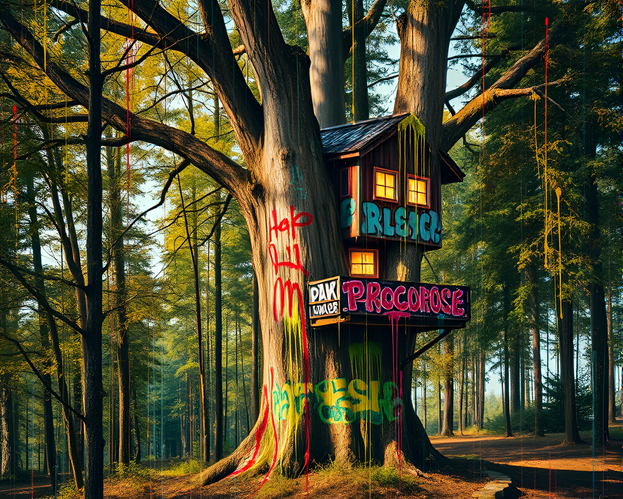 Dripping Treehouse: Bright Pointillism Graffiti Art – free AI stock image
