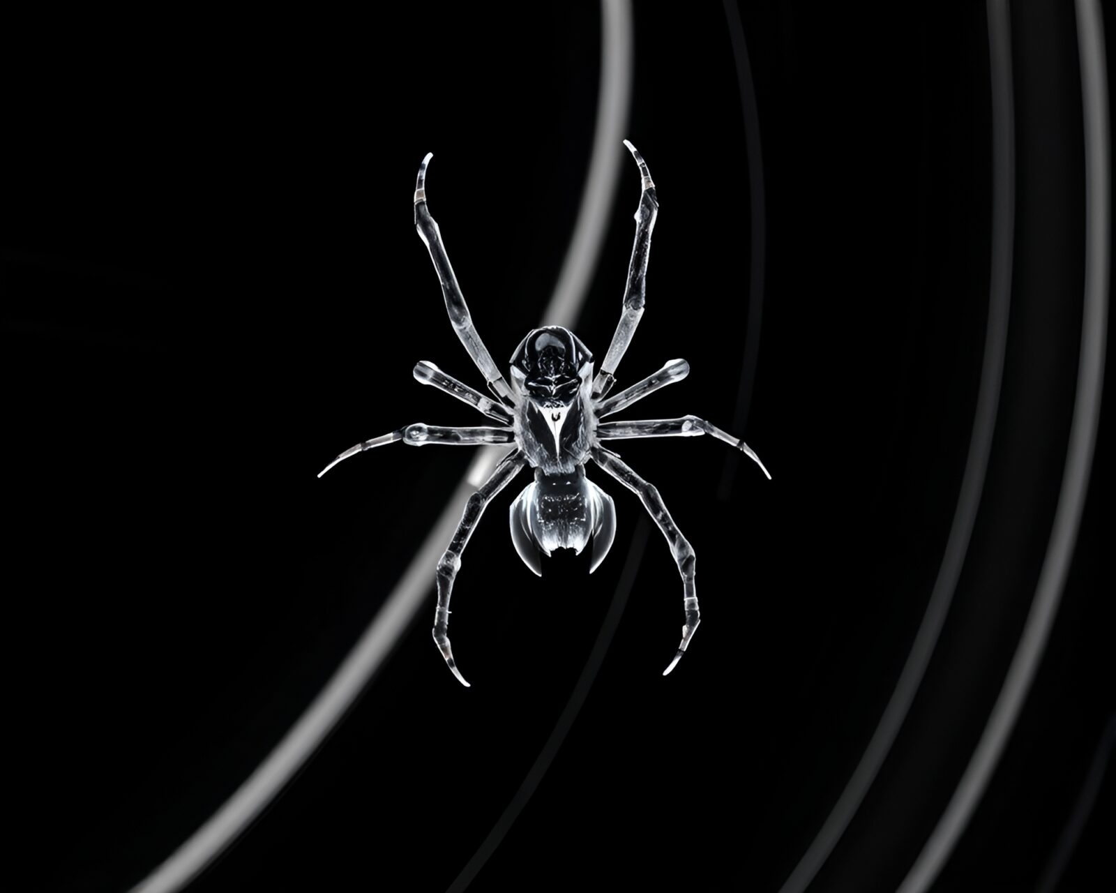 Black and white image of futuristic spider amid neon lights