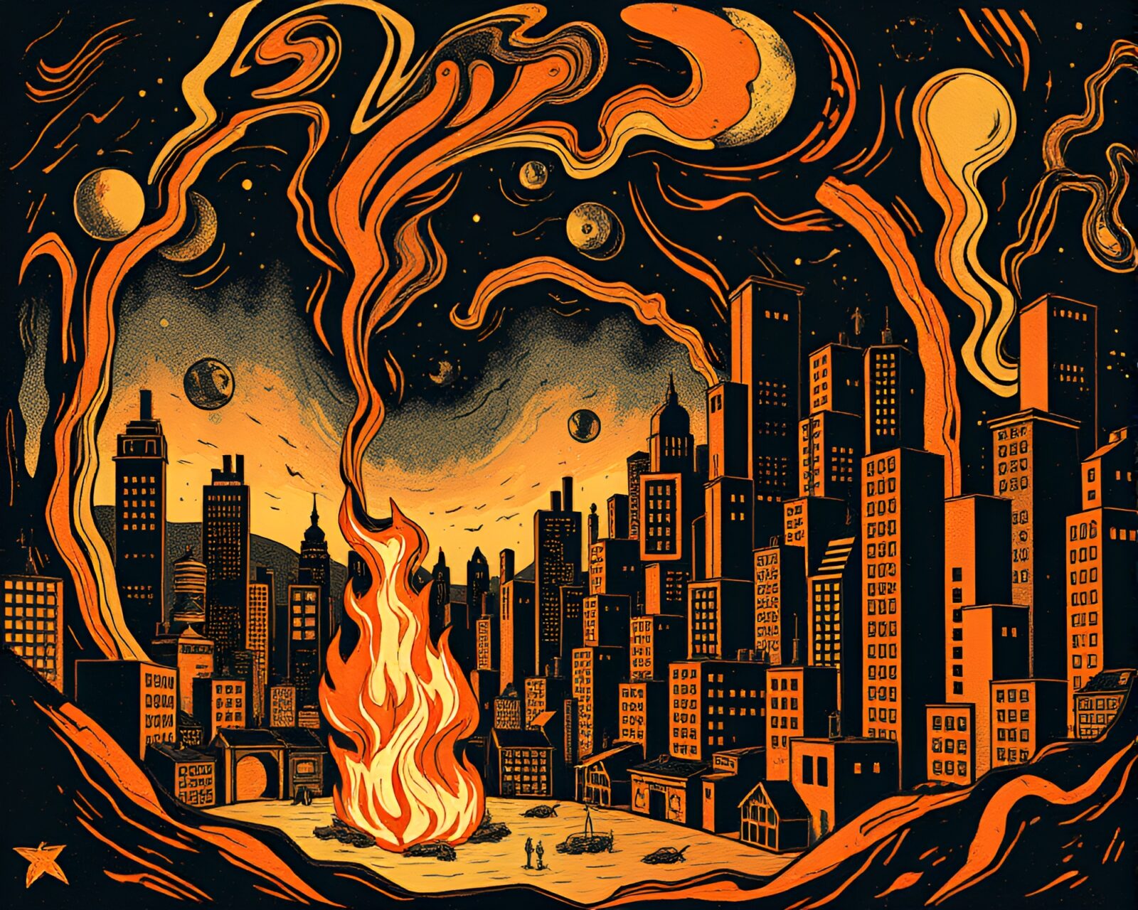 Spiraling futuristic skyscrapers under a warm bonfire glow
