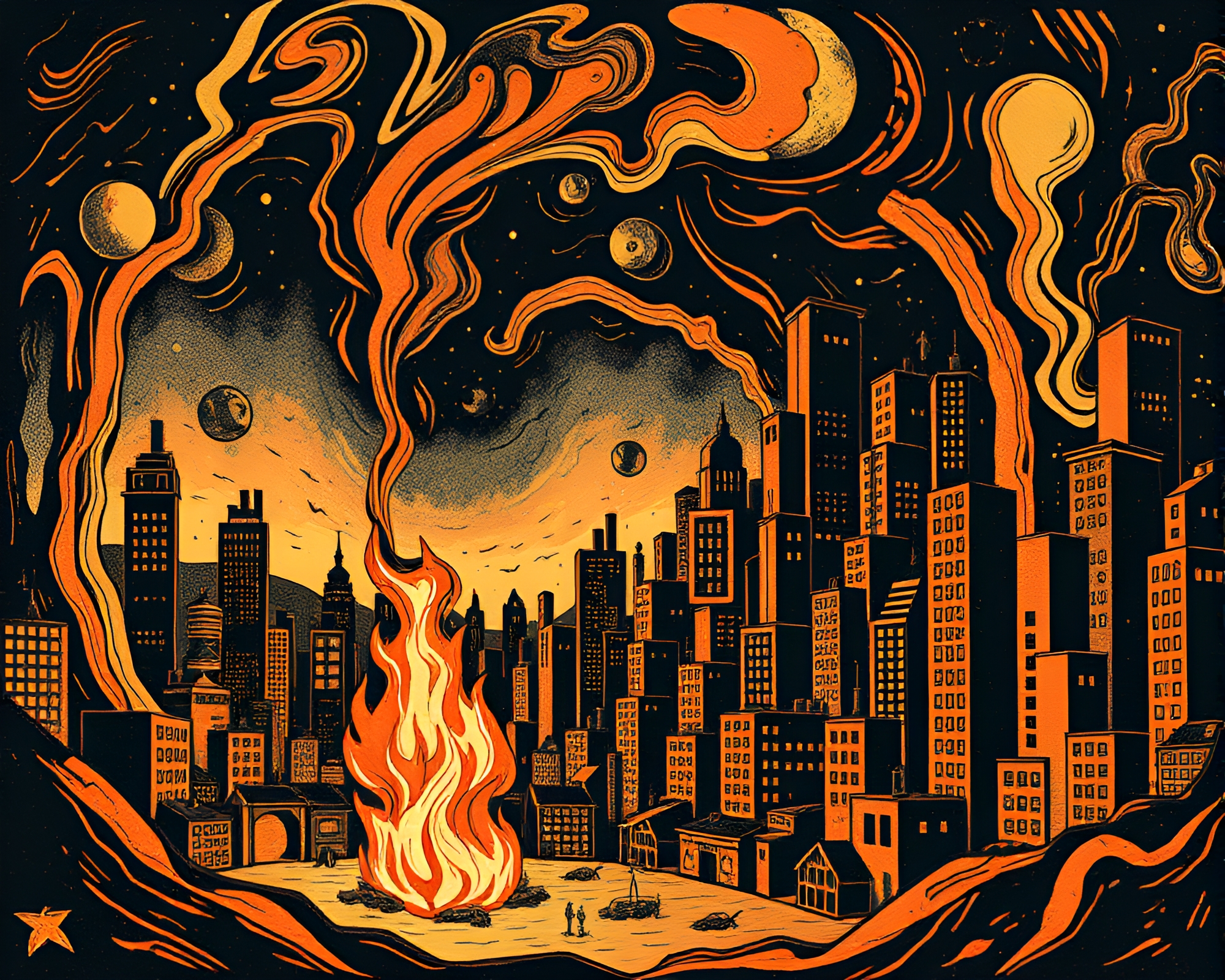 Spiral Futuristic City Bonfire Woodcut Print – free AI stock image