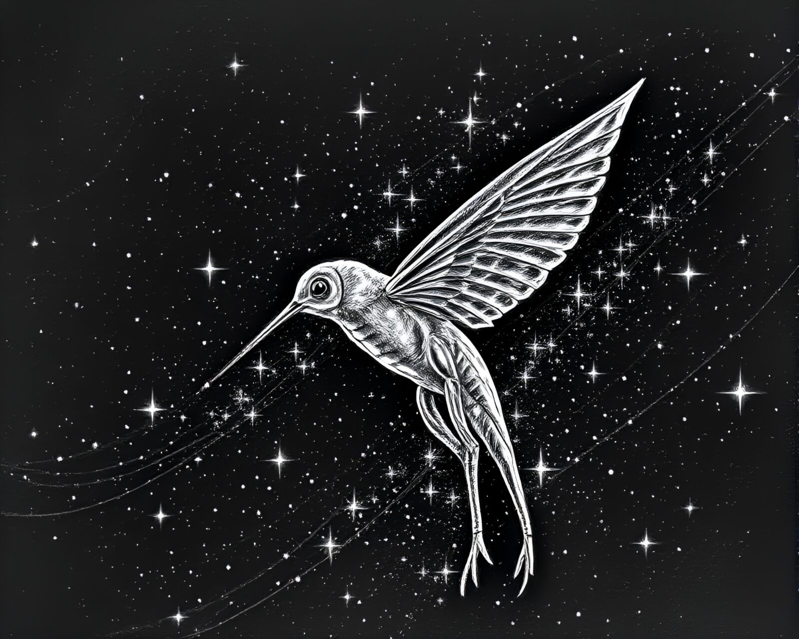 Ethereal banshee with starry shimmer in detailed crosshatch shading