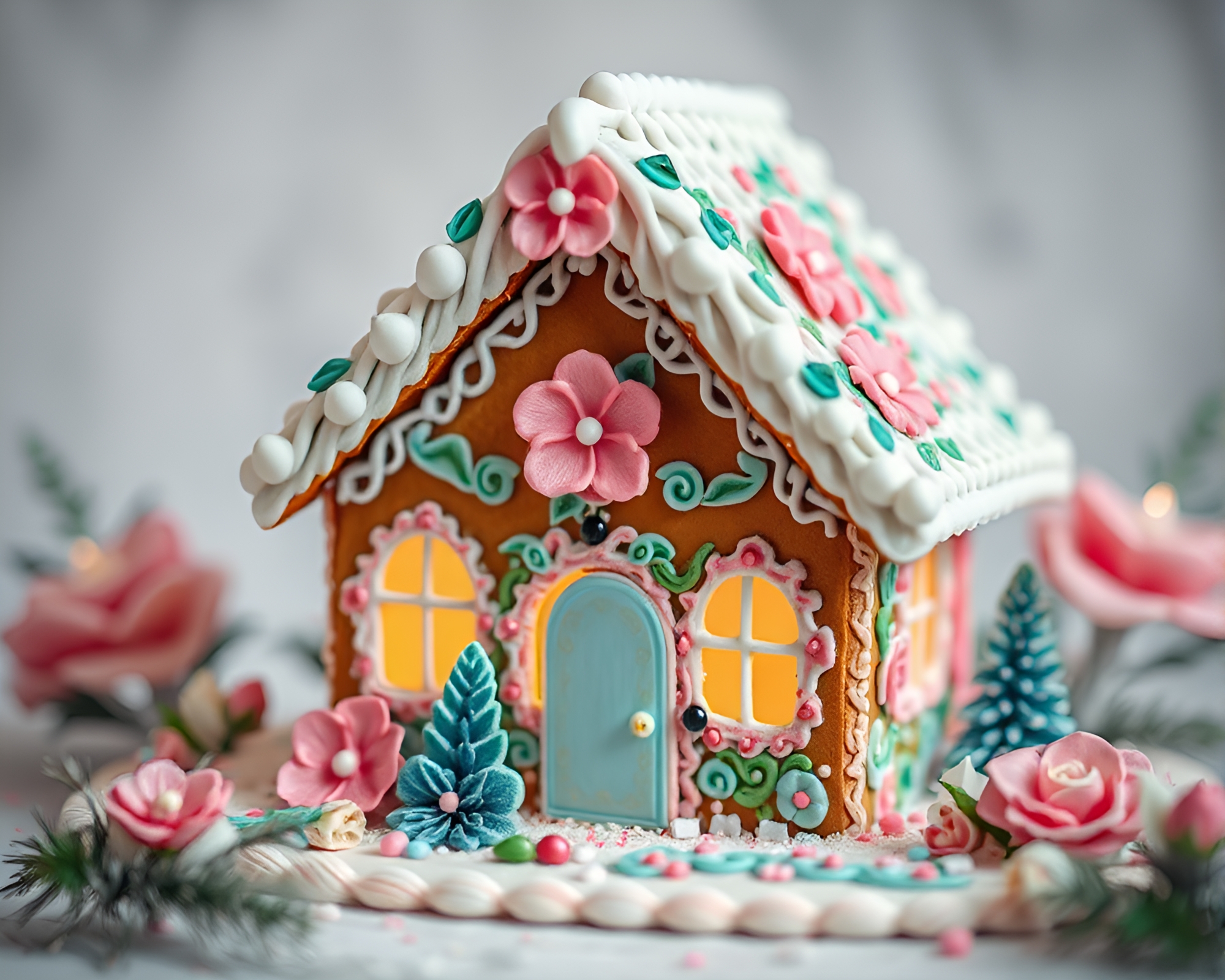 Gingerbread House Watercolor Blooms in Steel-Blue Haze – free AI stock image