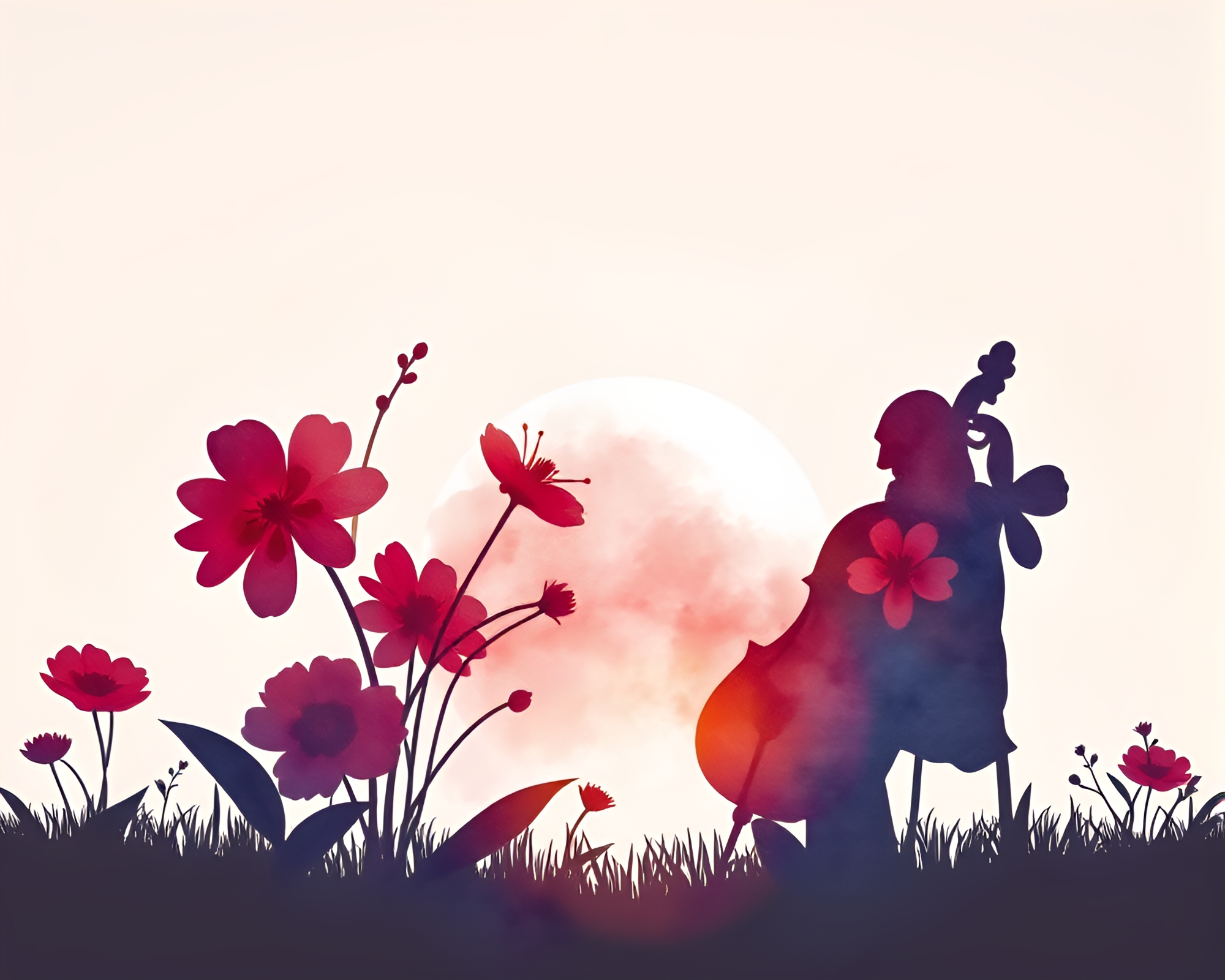 Watercolor Blooms with Cello Silhouette in Eclipse Shadow – free AI stock image