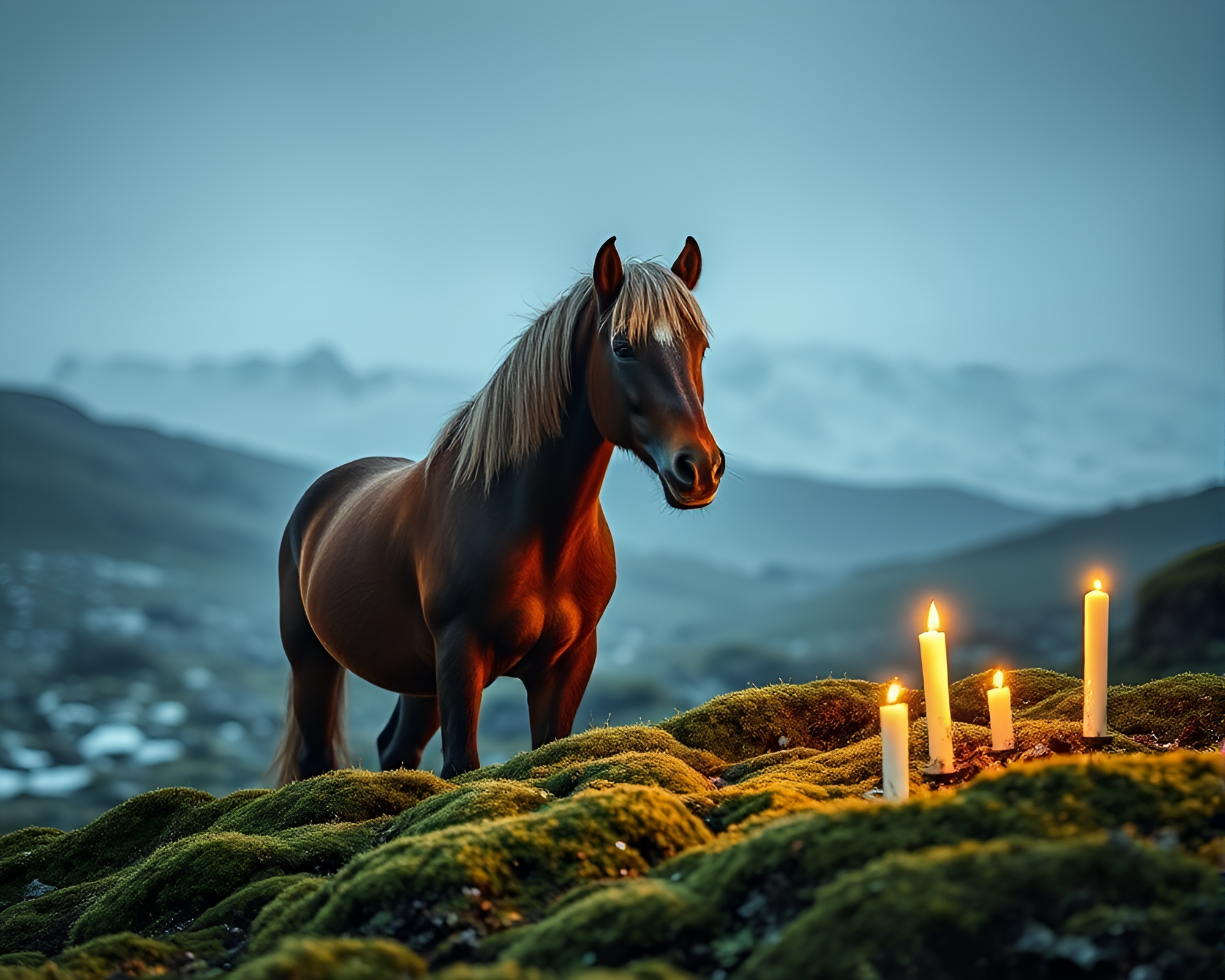 Wild stallion amidst moss in candlelit antarctic whiteout – free AI stock image