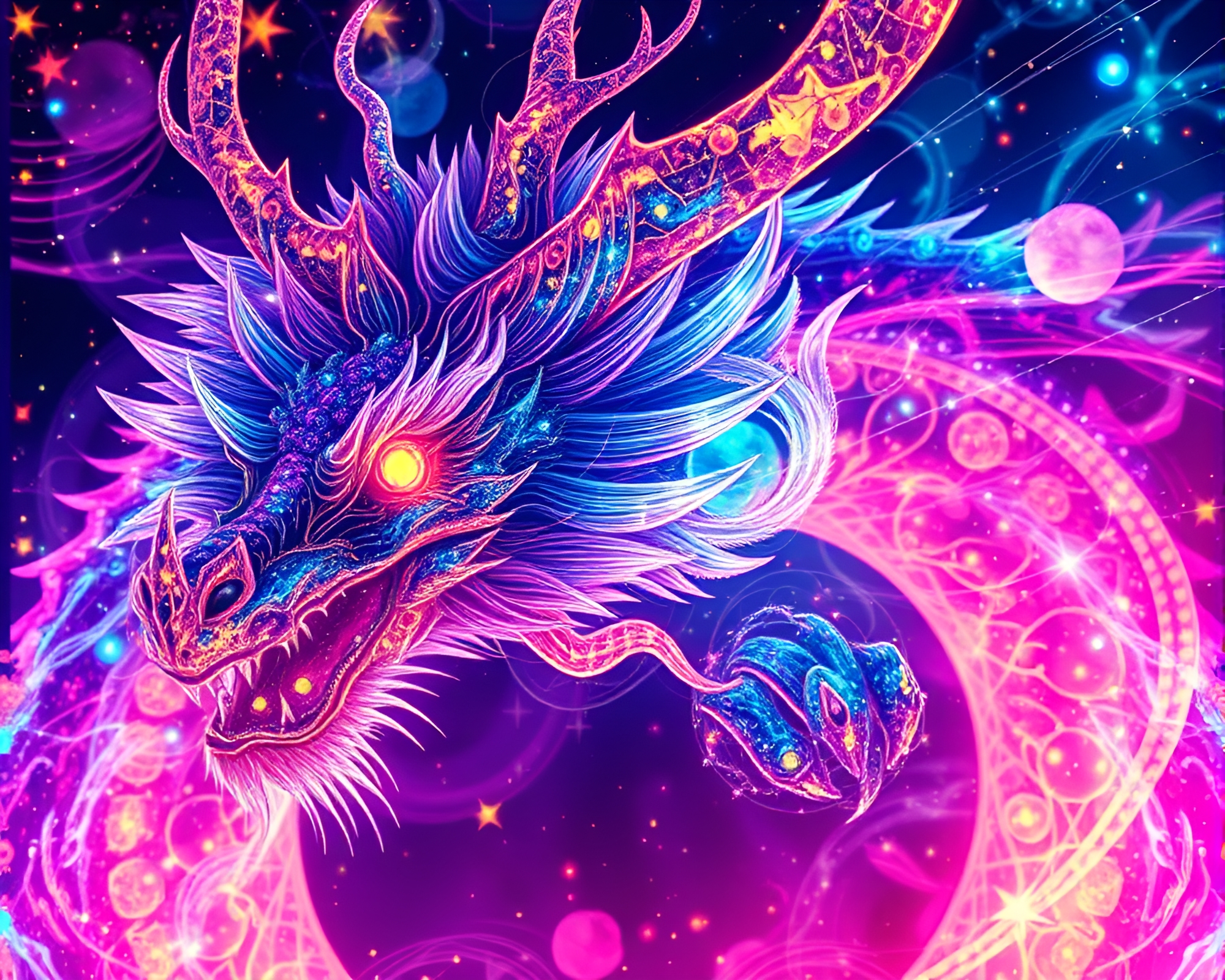 Celestial Dragon in Glitchy Kinetic Close-Up Composition – free AI stock image