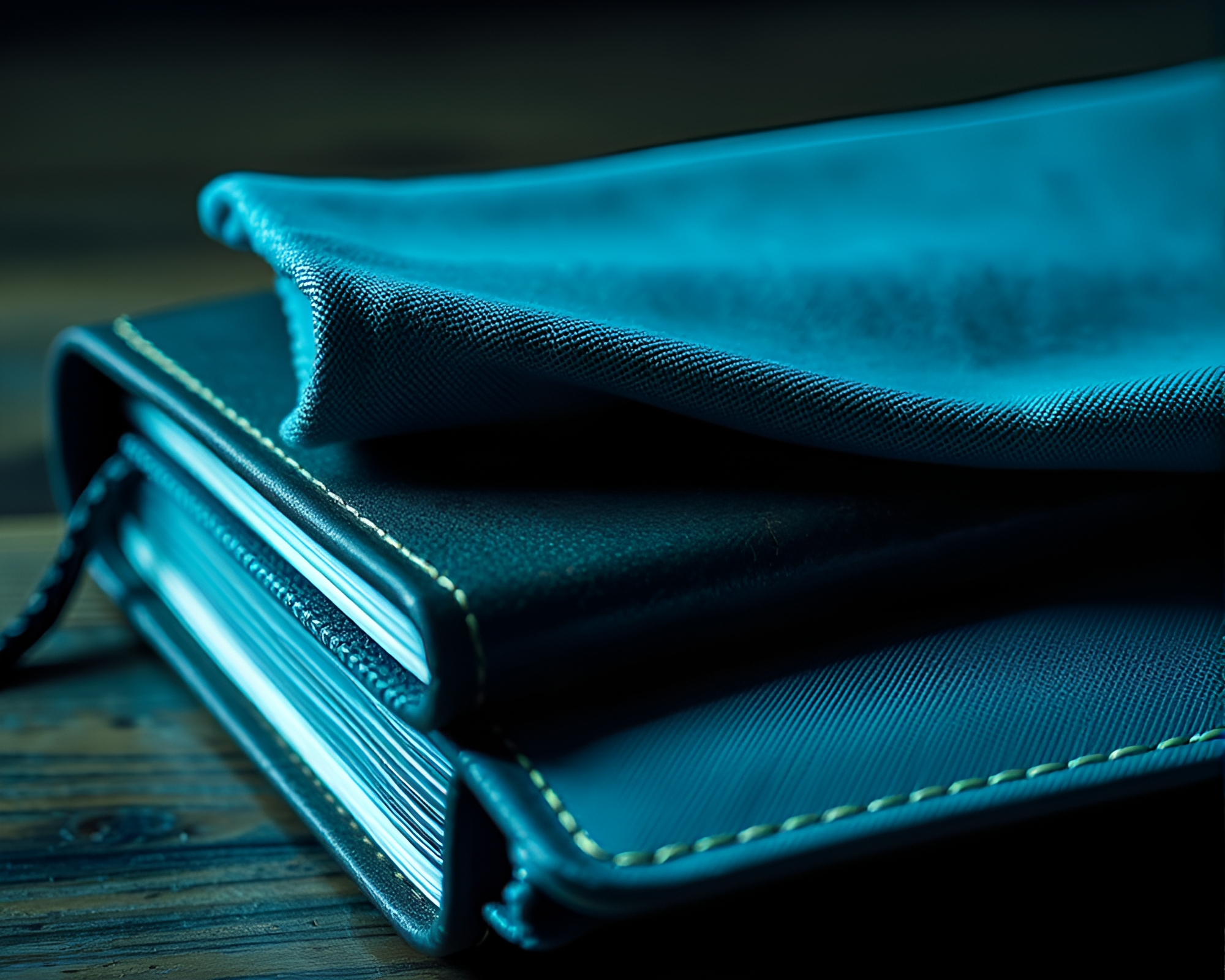 Leather-bound Diary with Ice-Blue Tint and Glitch Art Fabric Folds – free AI stock image