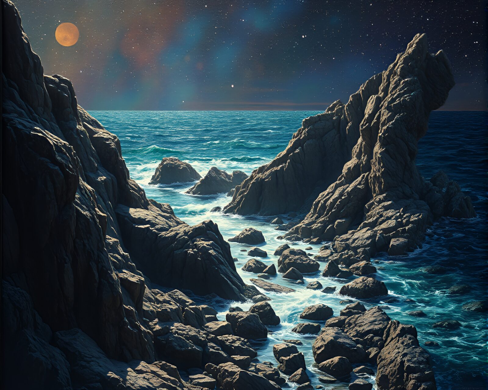 Tilted angle view of a glossy rocky coastline art