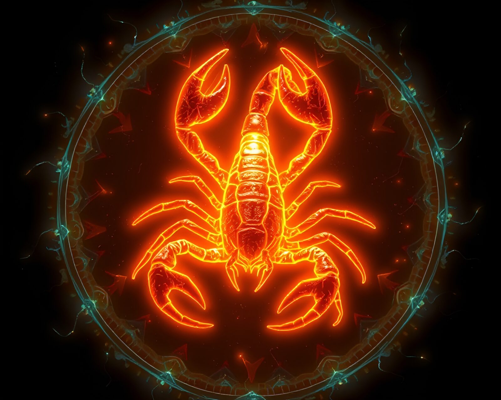 Off-center scorpion in mystical algorithmic art glow