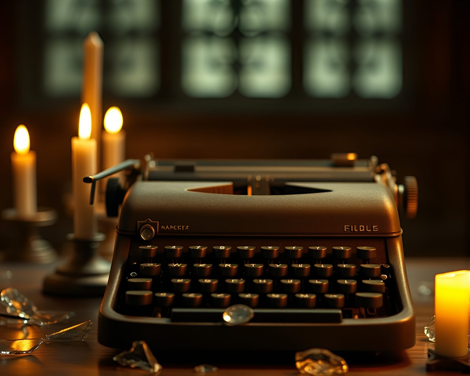 Vintage typewriter glowing in candlelight surrounded by shattered glass fragments