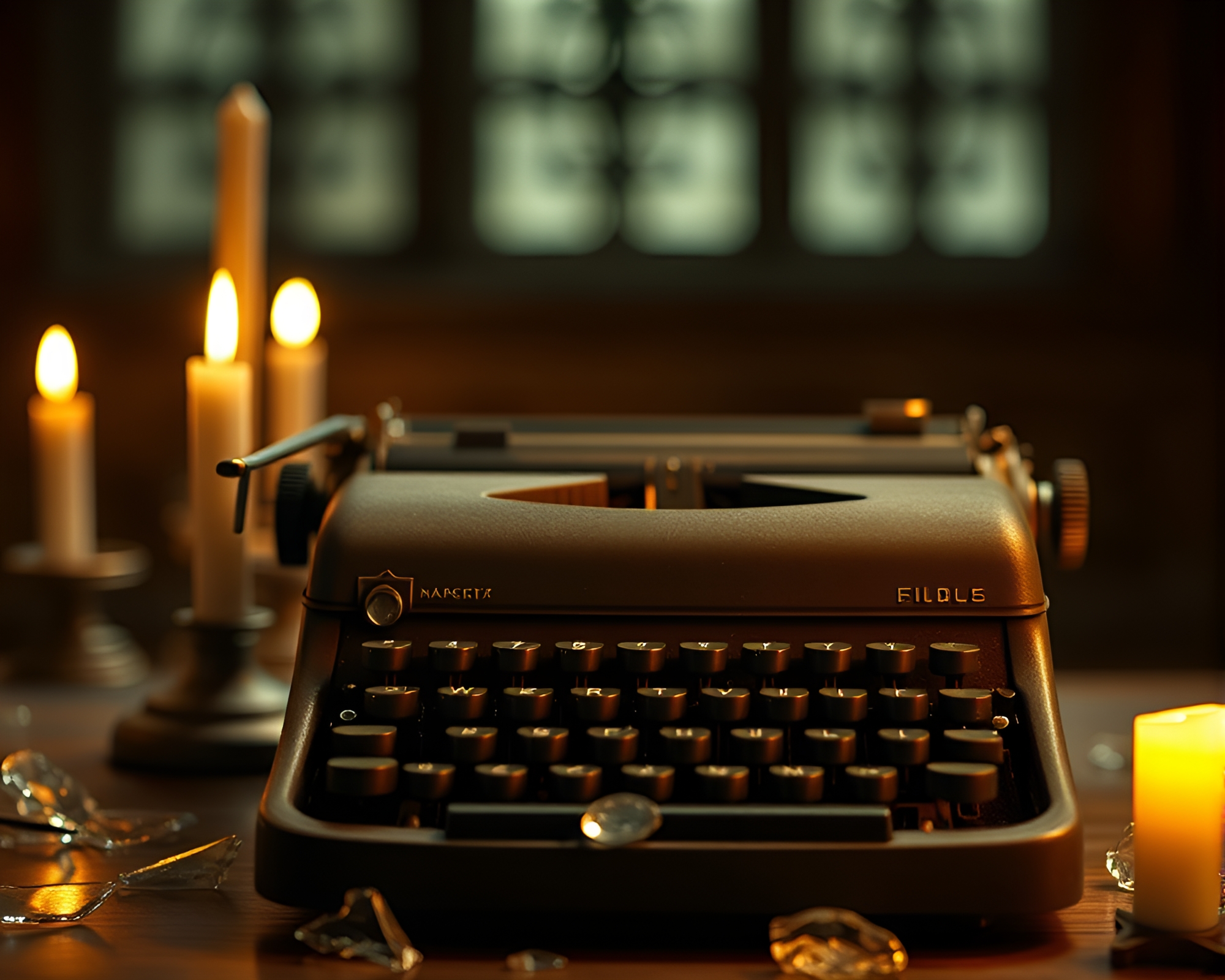 Antique Typewriter Illuminated by Church Candlelight with Glass Shards – free AI stock image