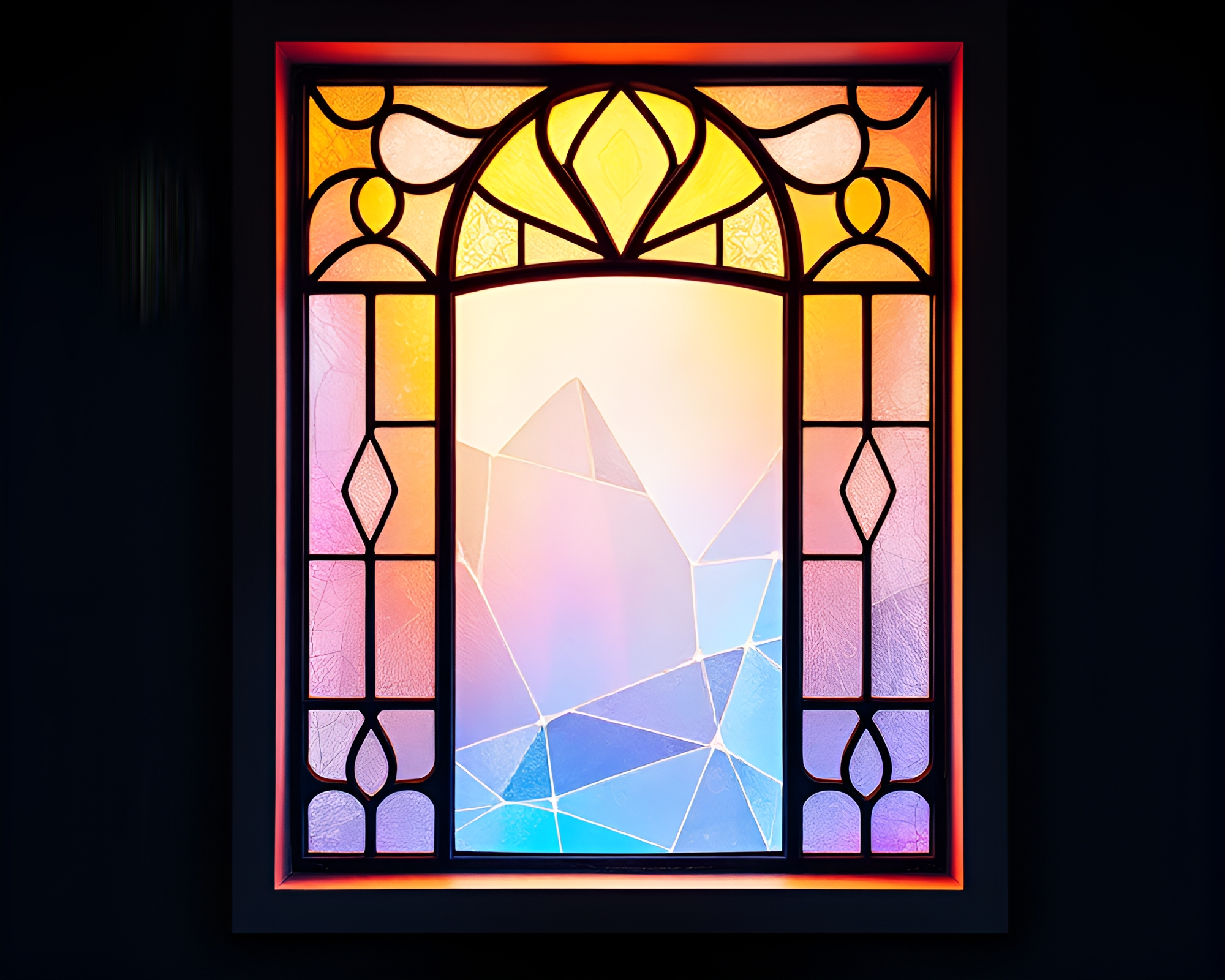 Stained-Glass Window Vignette with Pastel Neon Cloth Simulation – free AI stock image