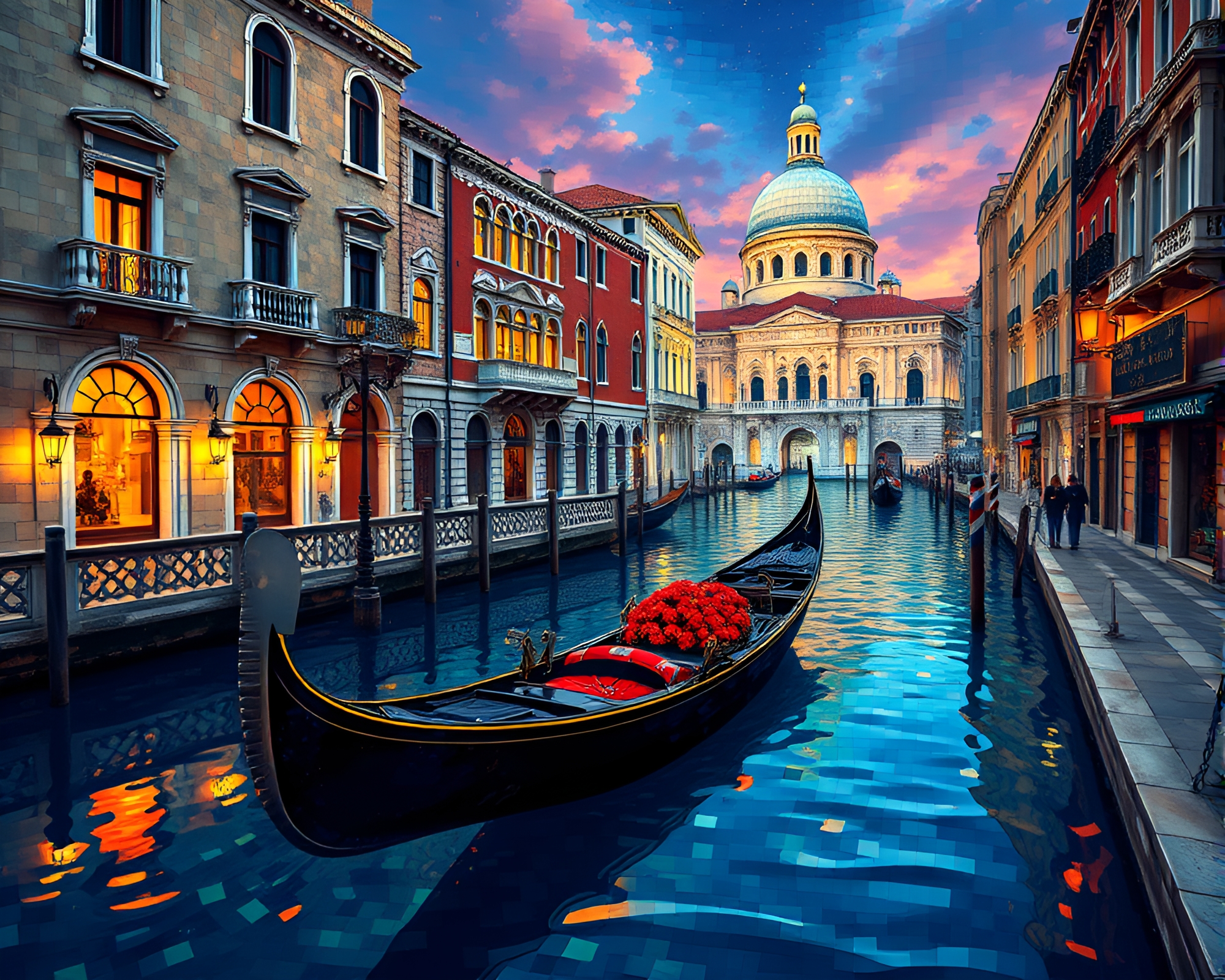 Anime-style Venetian Gondola Mosaic Illuminated by Opera-house Glow – free AI stock image