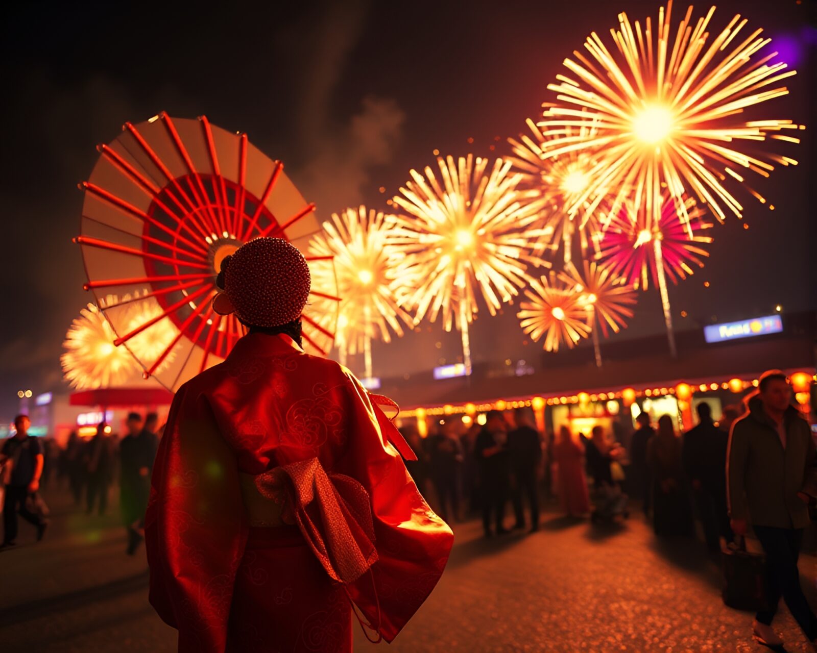 Vibrant silk kimono under sun glares at festival