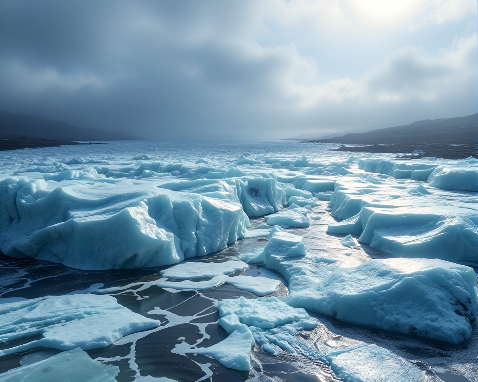 A mesmerizing glacier under a dramatic stage spotlight