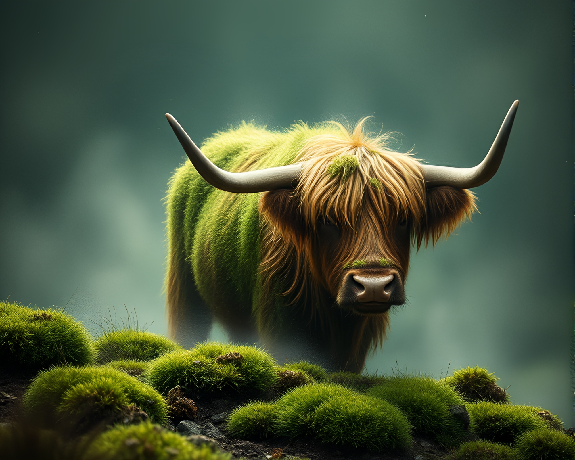 Moss-Covered Highland Cow in Futuristic Light – free AI stock image