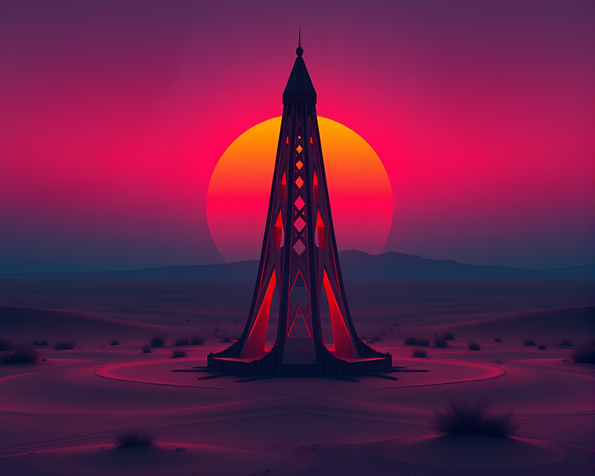 Synthwave Desert Sunset Obelisk with Radial Symmetry – free AI stock image