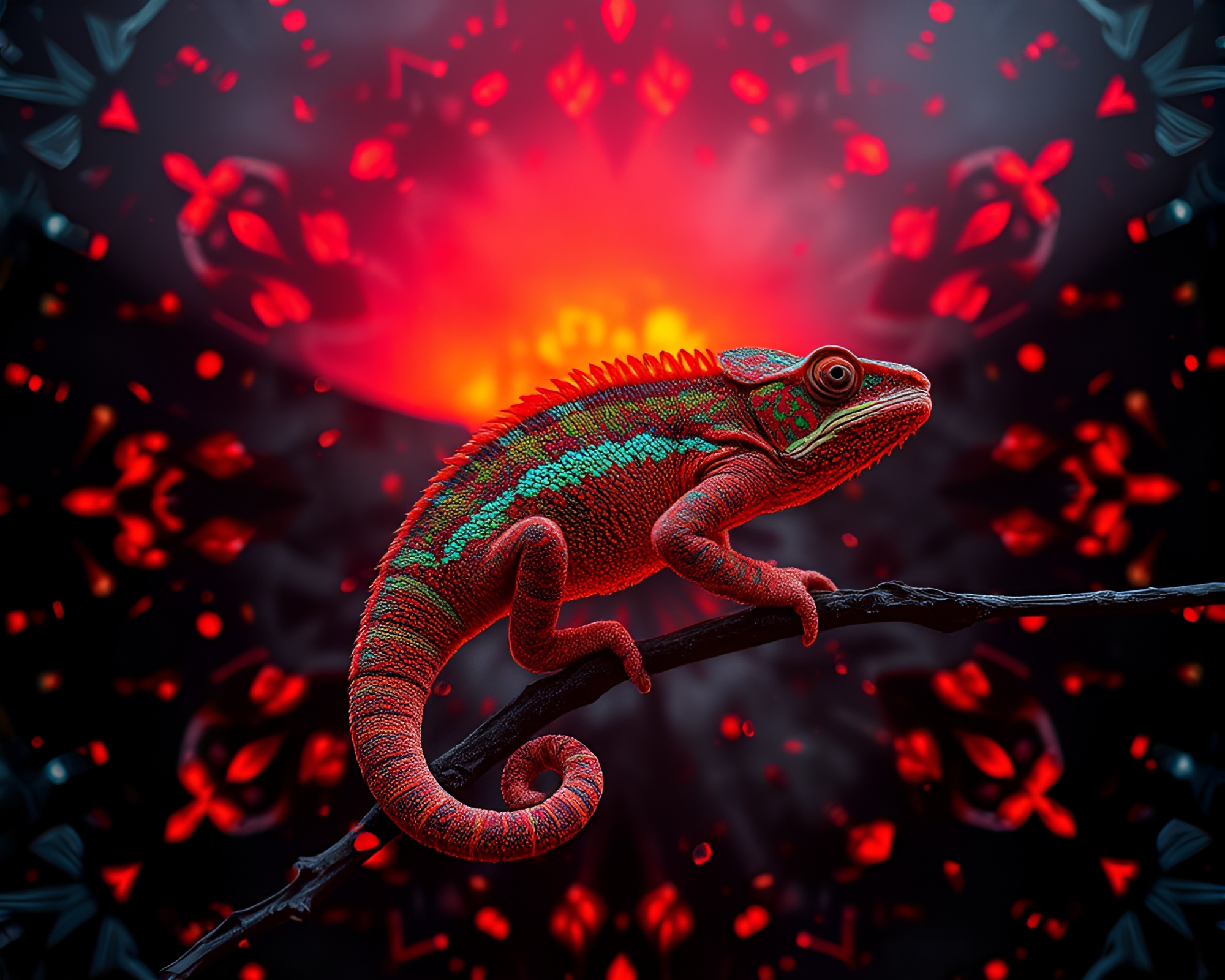 Chameleon Fragmented Kaleidoscope in Volcano Glow – free AI stock image