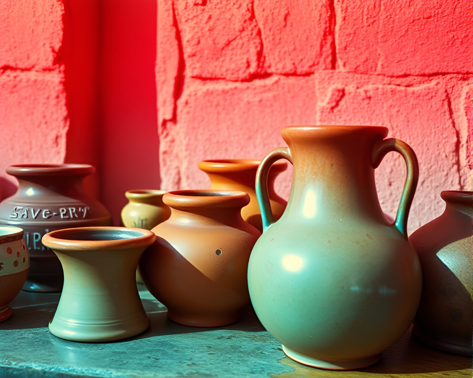 Halftone patterned image of refracted rainbow in weathered pottery