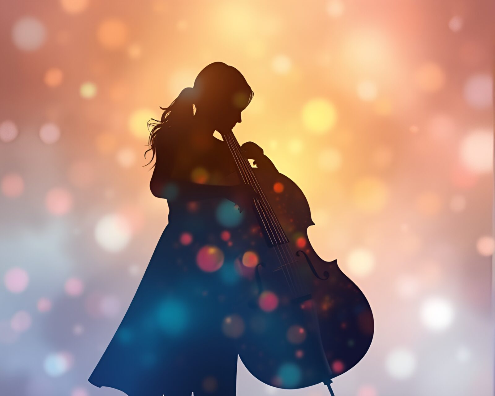 Soft focus, galaxy-inspired colors silhouette illustration of a cello player