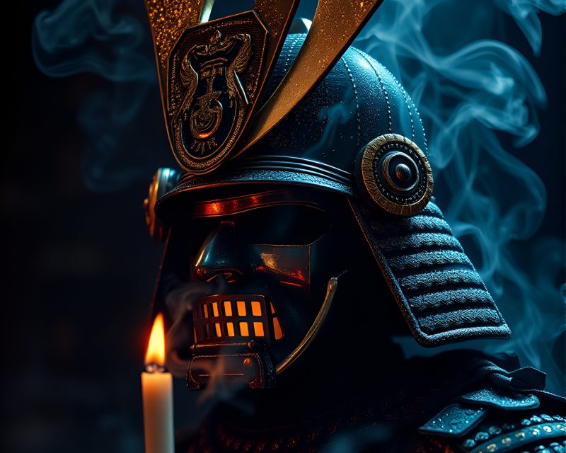 Samurai helmet engulfed in iridescent candle smoke – free AI stock image