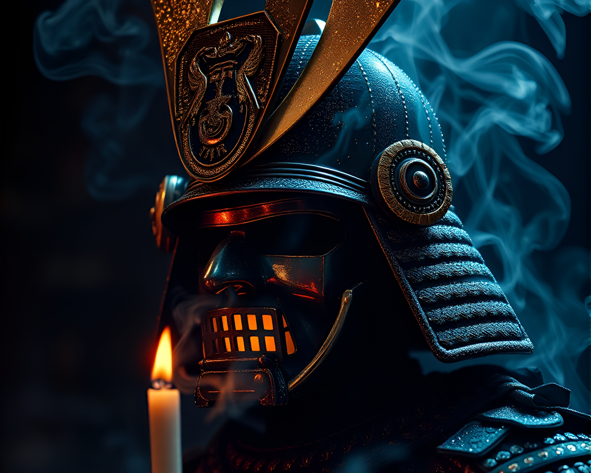 Samurai helmet engulfed in iridescent candle smoke – free AI stock image