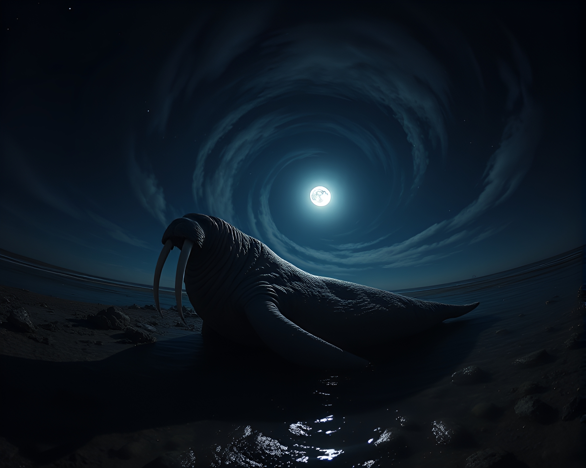 Enigmatic Fibonacci Spiral: Moonlit Walrus Encounter – free AI stock image