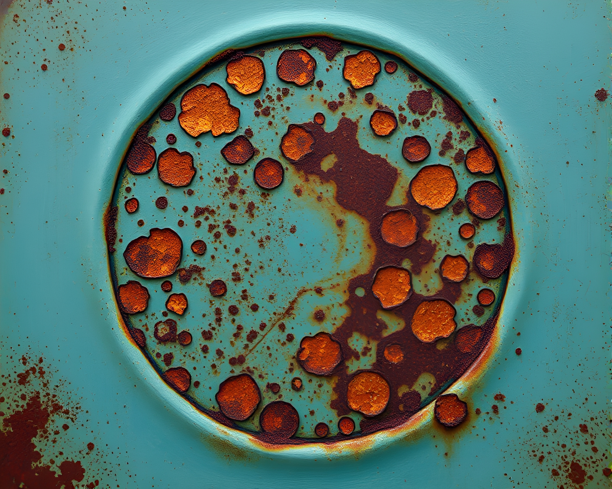 Enchanted Teal Magic Circle with Rust Flakes Composition – free AI stock image