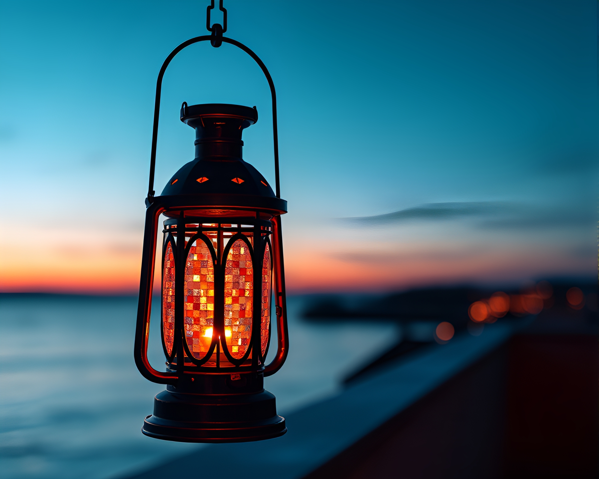 Twilight Blue Hour Oil Lantern Mosaic Wireframe Render – free AI stock image