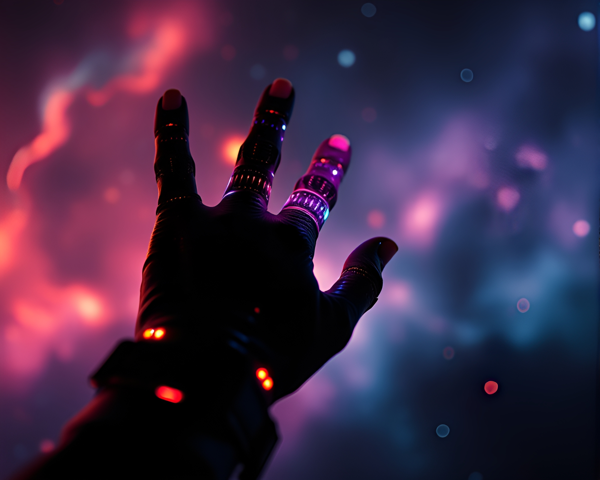 Cybernetic Hand Reaches Cosmic Nebula in Film Noir Style – free AI stock image