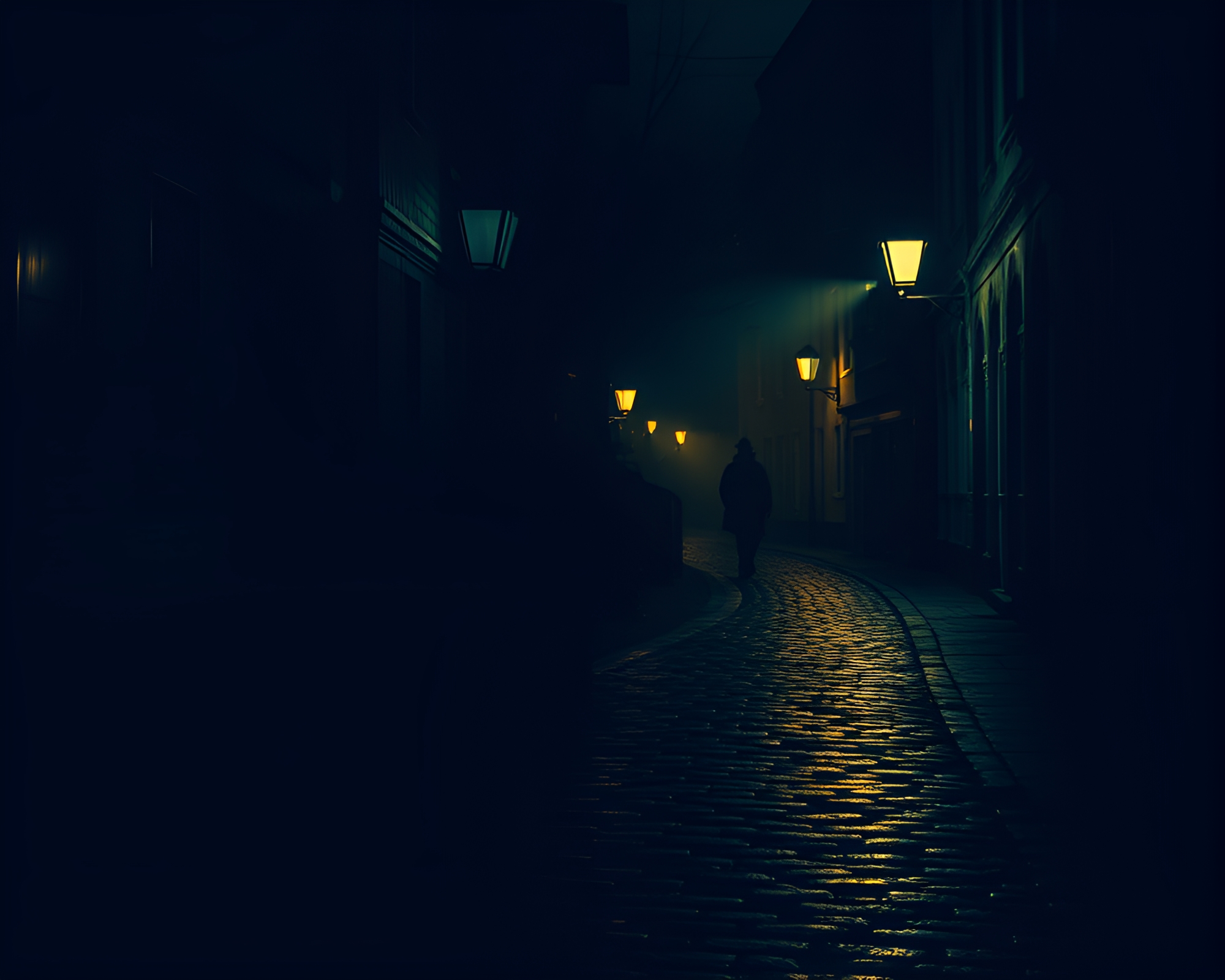 Ethereal Sherlock Holmes Shadow on Cobblestone Path – free AI stock image
