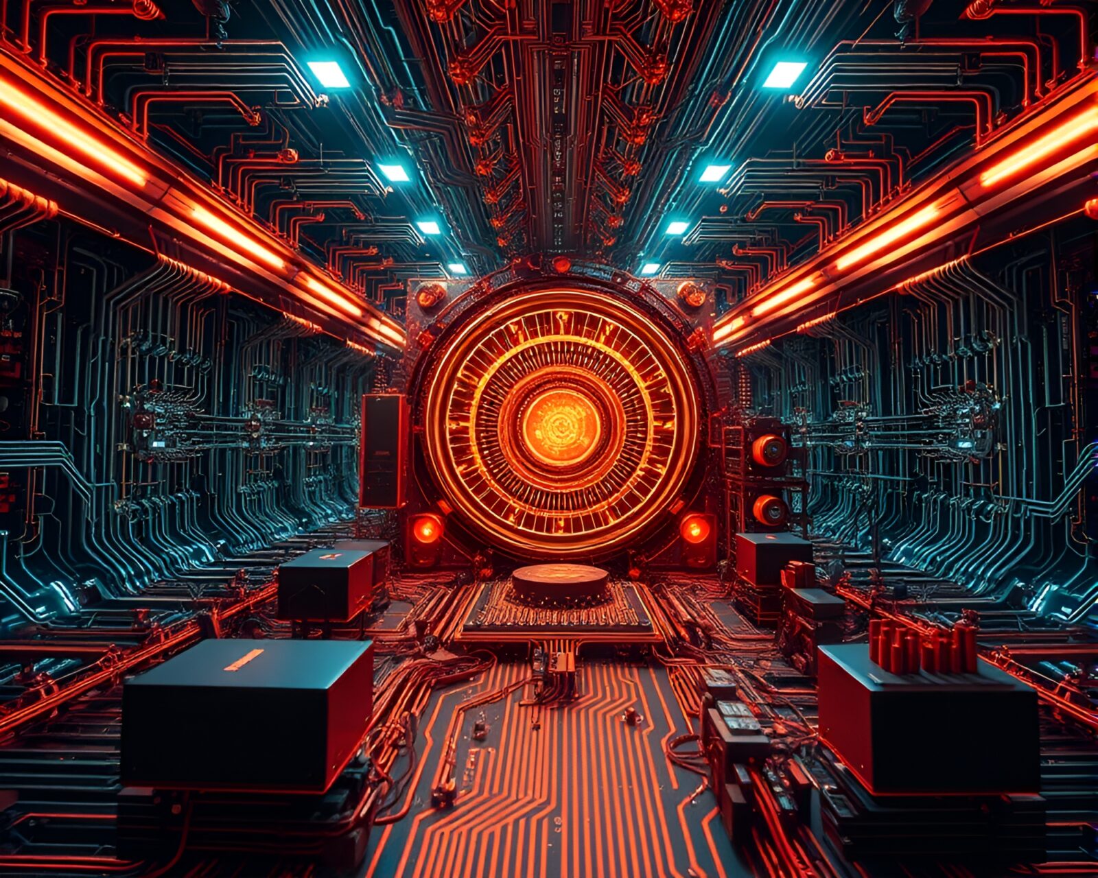 Wide-angle view of a futuristic quantum computer in surreal copper tones landscape.
