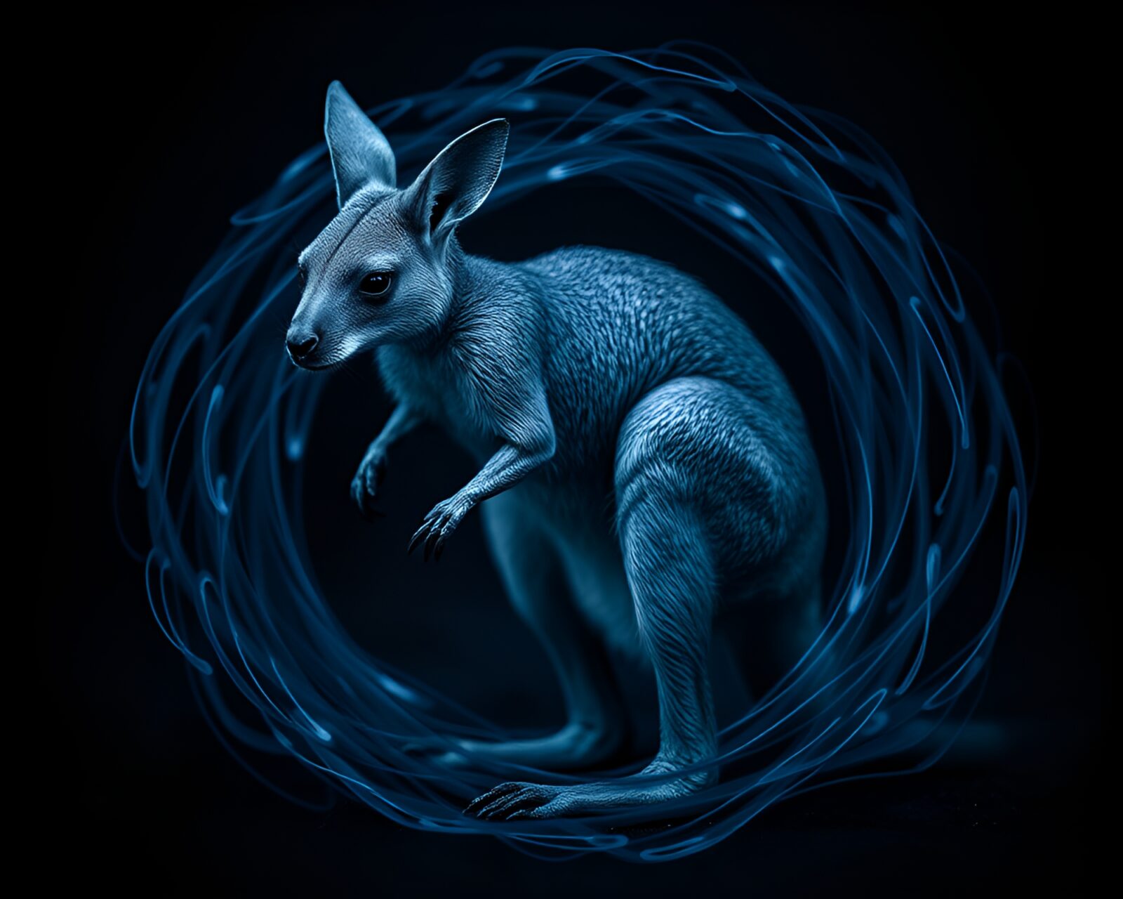 Steel-blue finish kangaroo surrounded by swirling shadows