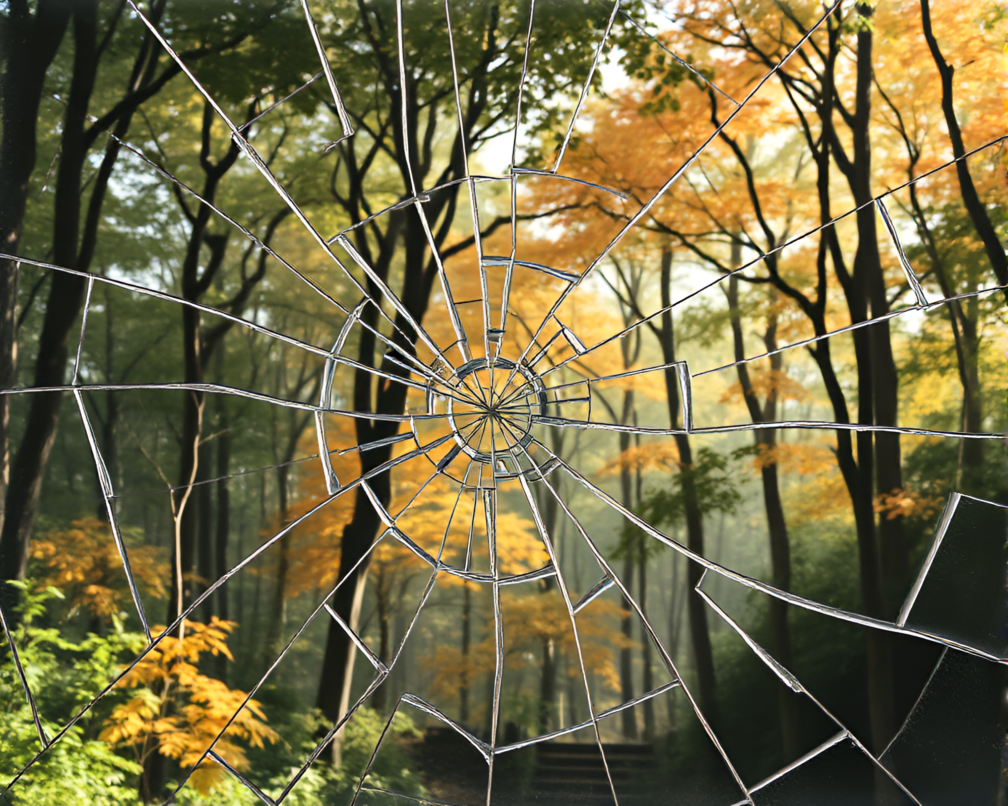 Autumn Forest Reflection through Broken Glass in Ink Wash – free AI stock image