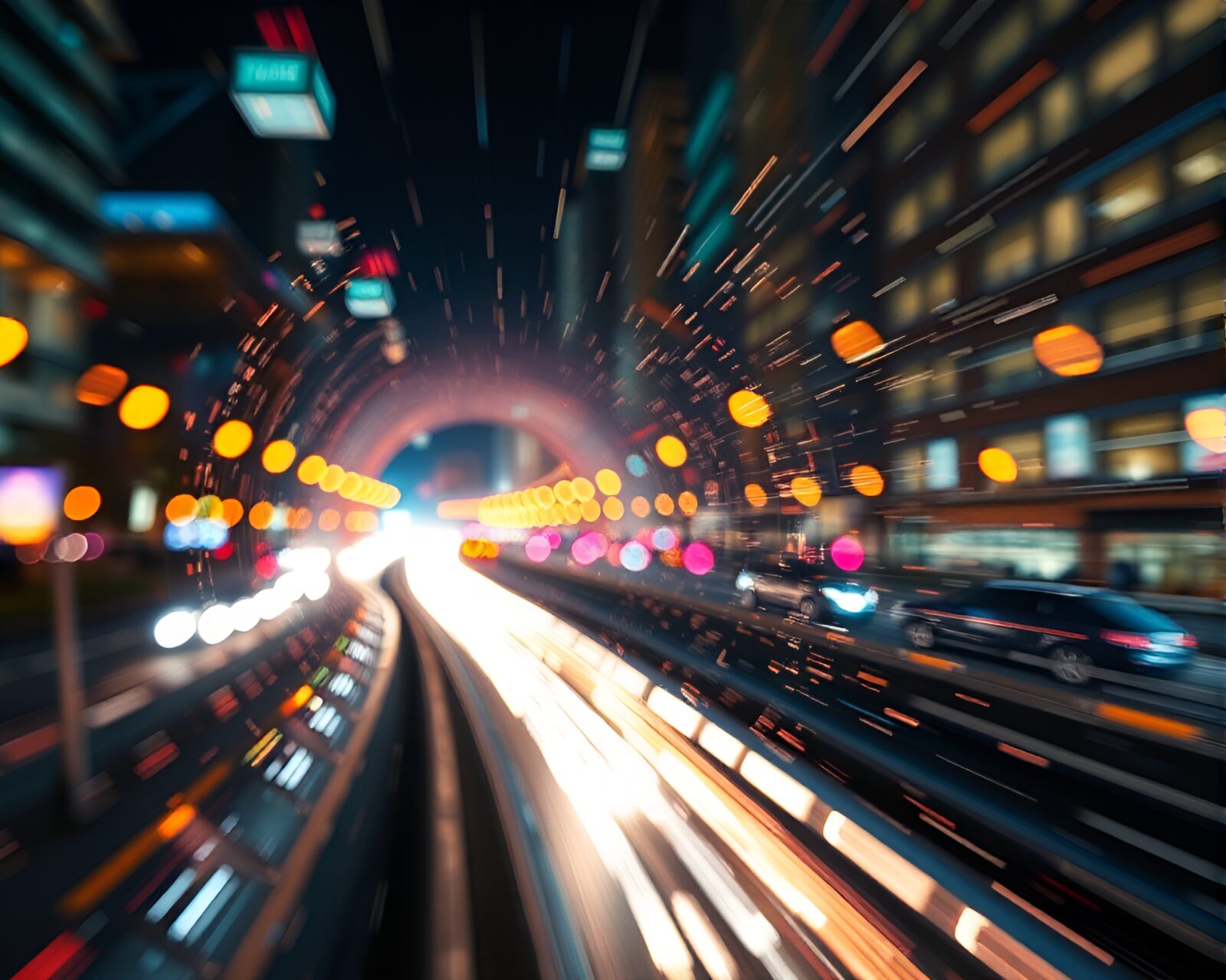 Kinetic art installation with soft focus city lights backdrop