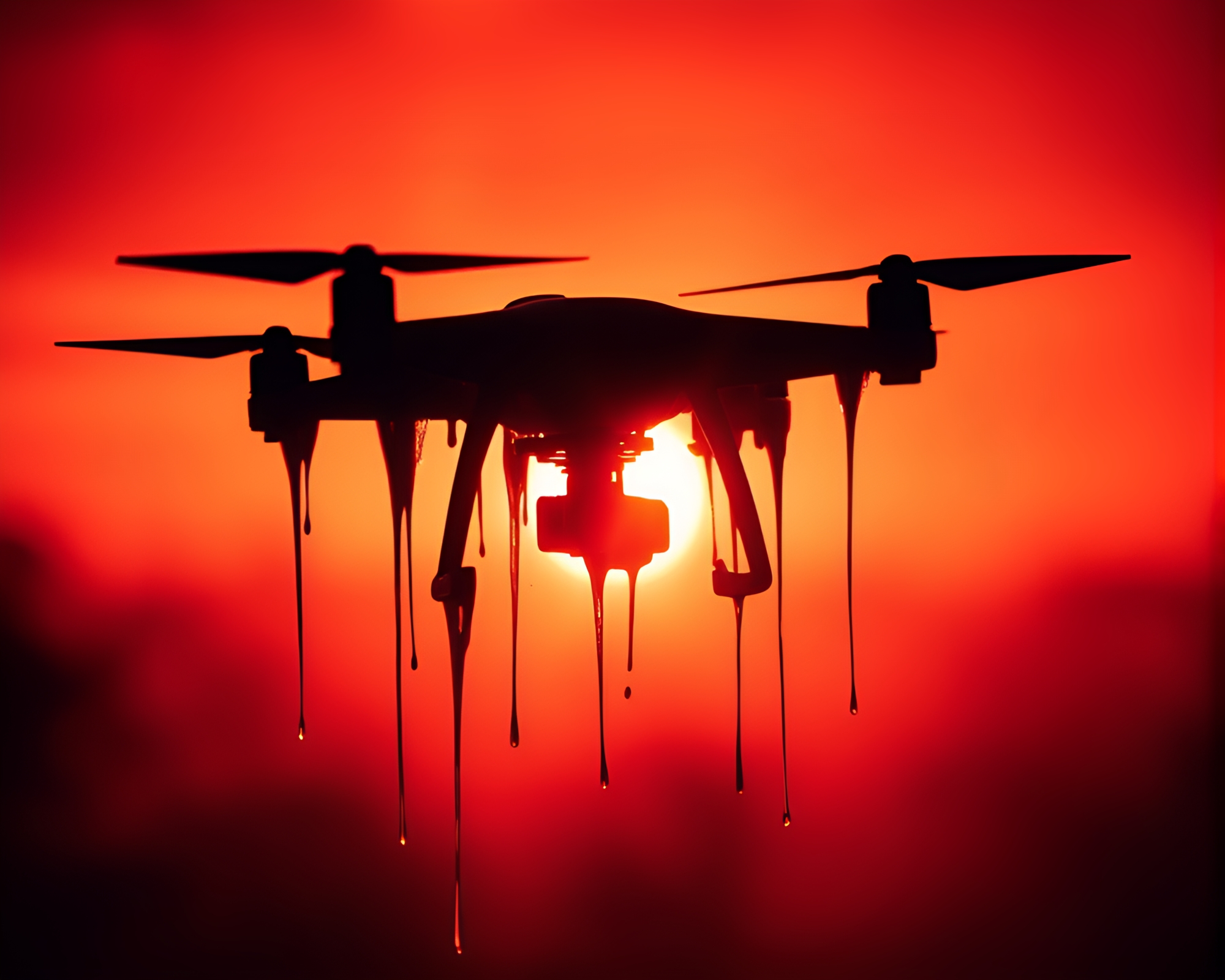 Sunset Drone Silhouette: Ink Wash Drips Art – free AI stock image
